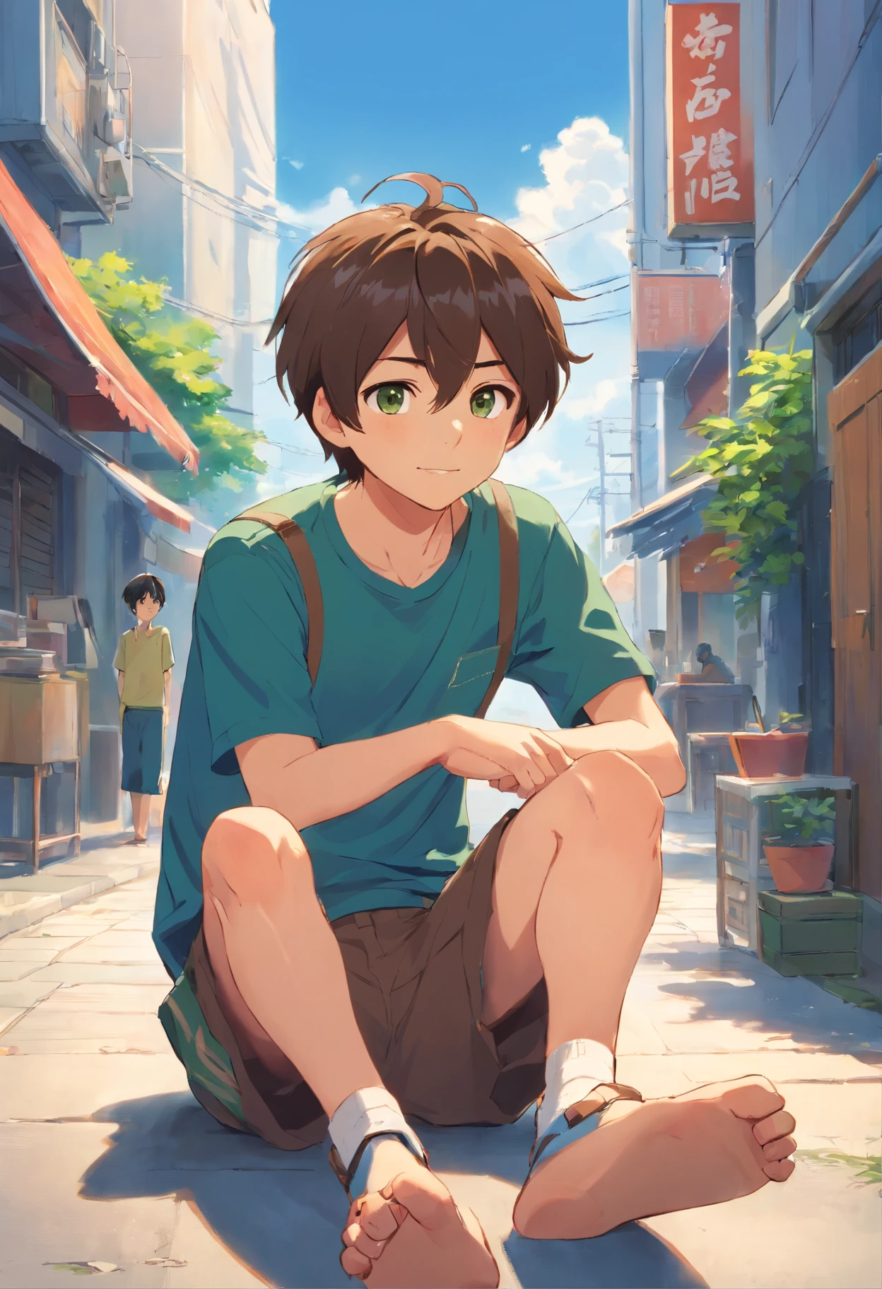 Description: Tom is a 6-year-old boy with short brown hair and big, curious brown eyes. He is wearing a blue T-shirt and green shorts.
Pose 1: Tom is standing, looking excitedly at something in the distance.
Pose 2: Tom is sitting on the ground, reading a book with a smile.
Pose 3: Tom is hugging his knees to his chest, looking a bit sad.
Pose 4: Tom is waving goodbye, his face filled with happiness.