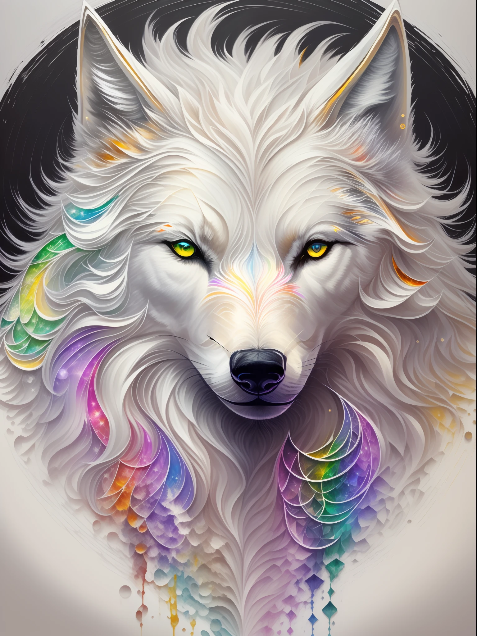 Painting of white wolf head on black background,, breath-taking rendering, Inspired by Kinuko Y, Magical rainbow elements,Splendid circular rainbow composition，Circular composition，Solo