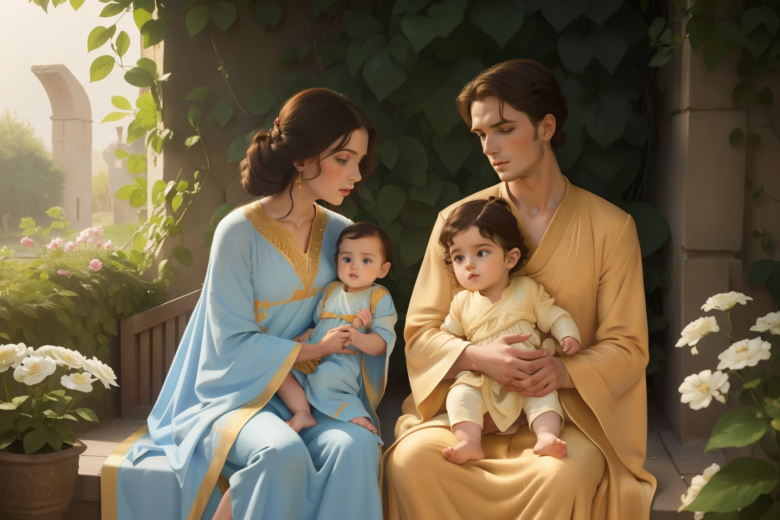 Year: 11th century. Location: Ispahan. Pre-raphaelite scene with a 25-year-old english man, watching his 1--old le holding a baby bon the garden, love and tenderness, ((((11th century plain caftan)))) ((11th century hairstyle)), (((cinematic style)))