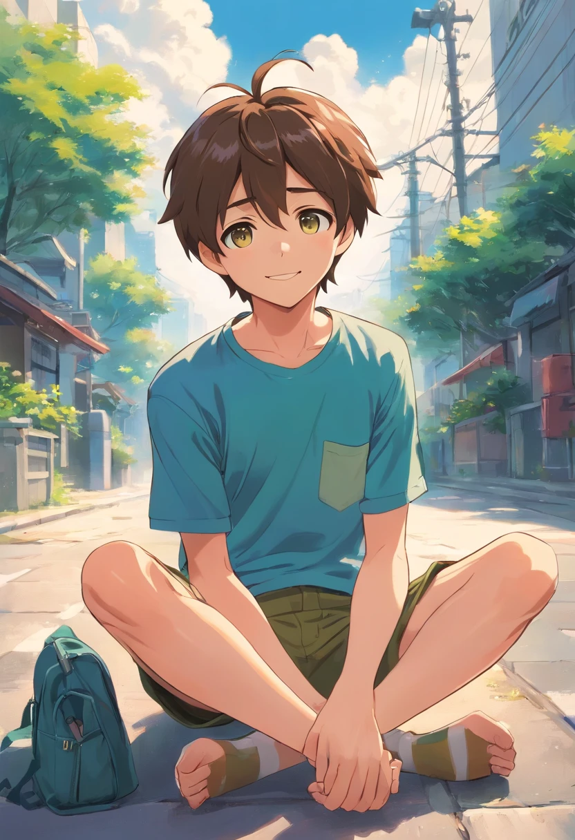 Description: Tom is a -yeld boith short brown hair and big, curious brown eyes. He is wearing a blue T-shirt and green shorts.
Pose 1: Tom is standing, looking excitedly at something in the distance.
Pose 2: Tom is sitting on the ground, reading a book with a smile.
Pose 3: Tom is hugging his knees to his chest, looking a bit sad.
Pose 4: Tom is waving goodbye, his face filled with happiness.