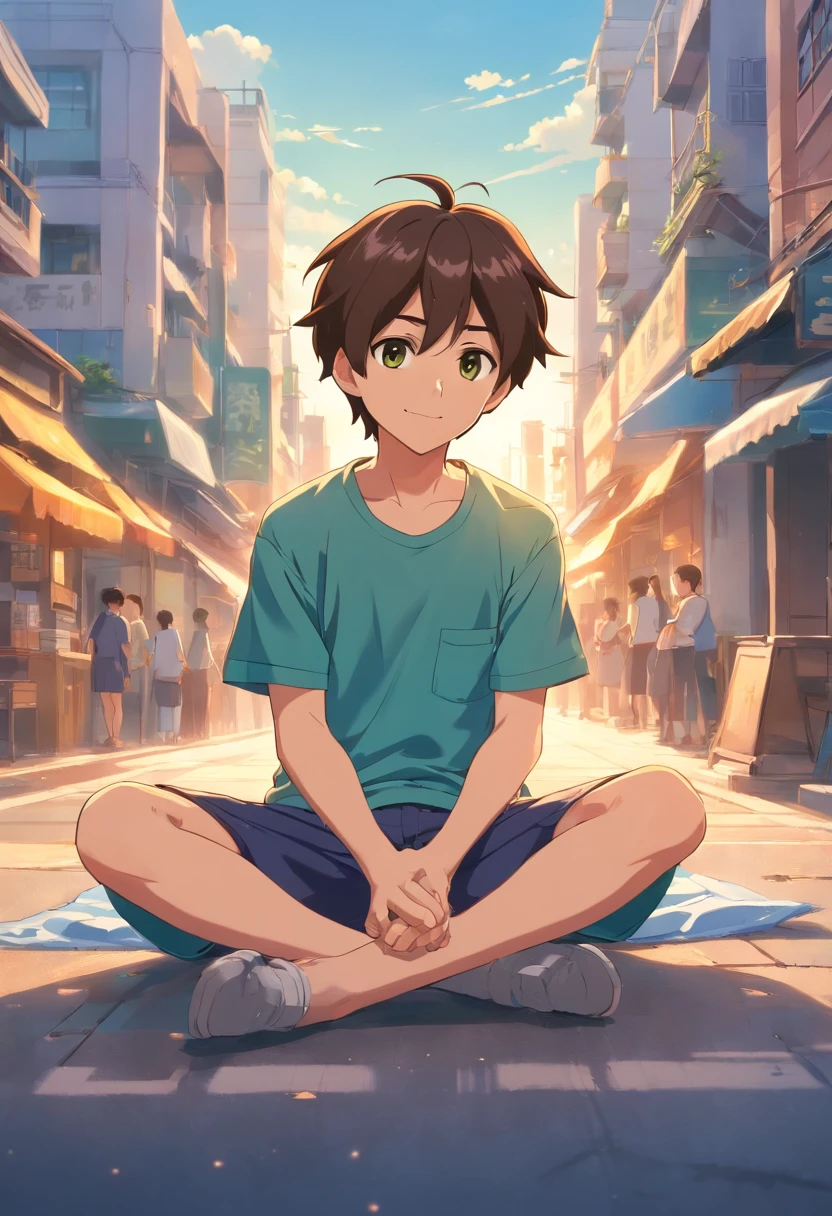Description: Tom is a 14-year-old boy with short brown hair and big, curious brown eyes. He is wearing a blue T-shirt and green shorts.
Pose 1: Tom is standing, looking excitedly at something in the distance.
Pose 2: Tom is sitting on the ground, reading a book with a smile.
Pose 3: Tom is hugging his knees to his chest, looking a bit sad.
Pose 4: Tom is waving goodbye, his face filled with happiness.