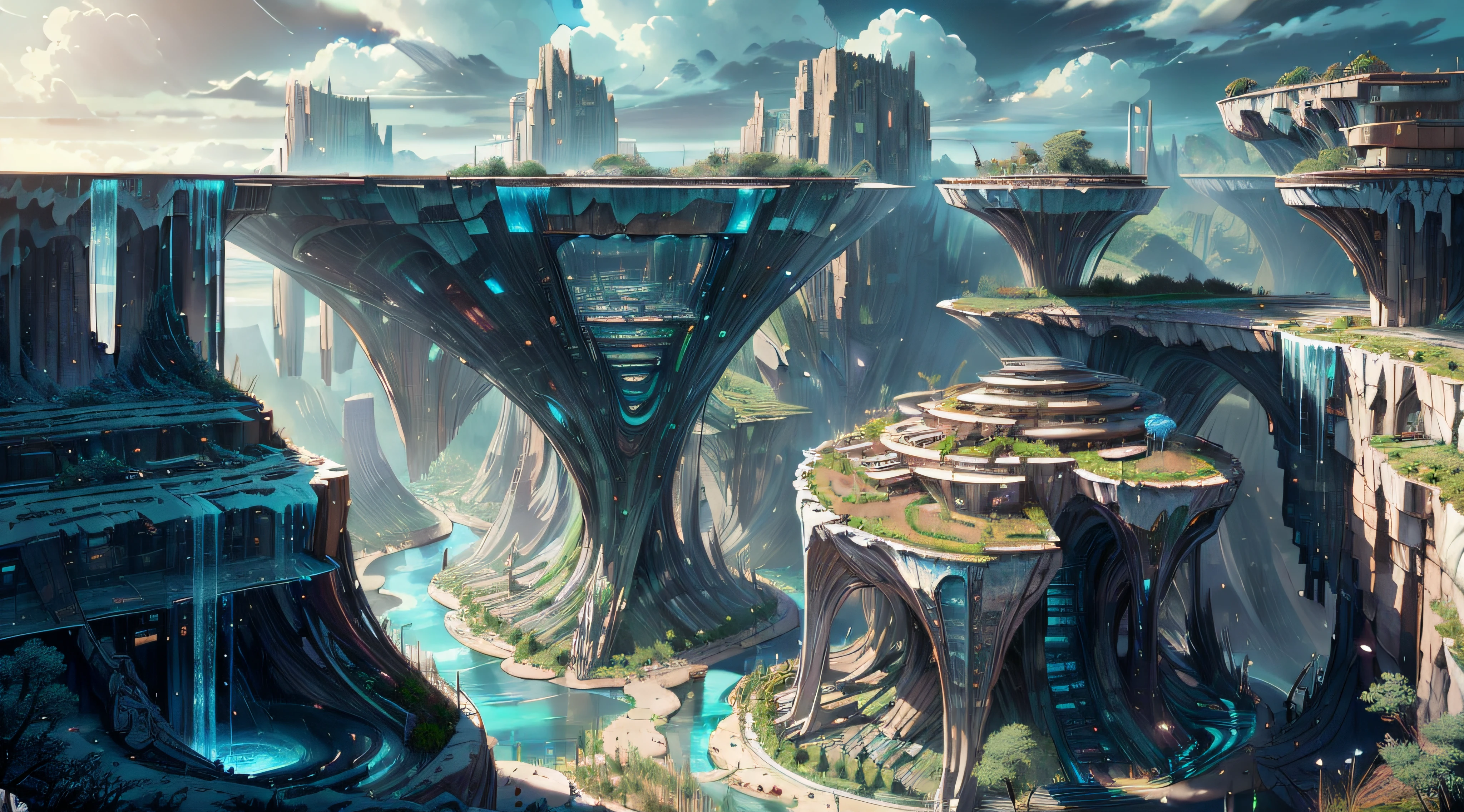 :an awesome sunny cheerful day environment concept art of Futuristic design of cave architecture interiors concept art on grand Canyon caves nature architecture, proportional,detailed, cave architecture nature meets futuristic architecture on a rainforest jungle cliff with huge waterfalls,Crepuscular rays, nature meets modern architecture in the style of Aries Moross, Rem Koolhaas,Daniel Libeskind, Jean Nouvel, Paolo Soleri,Toyo Ito and Philip Johnson with Dry brush drawing style ,Chiaroscuro village,cliff side residential area, mixed development,nature architecture,bright colors,high rise made up staircases, balconies, full of glass facades,carved from rocks, masterpiece, proportional, detailed, trending on artstation, beautiful lighting, realistic, intricate