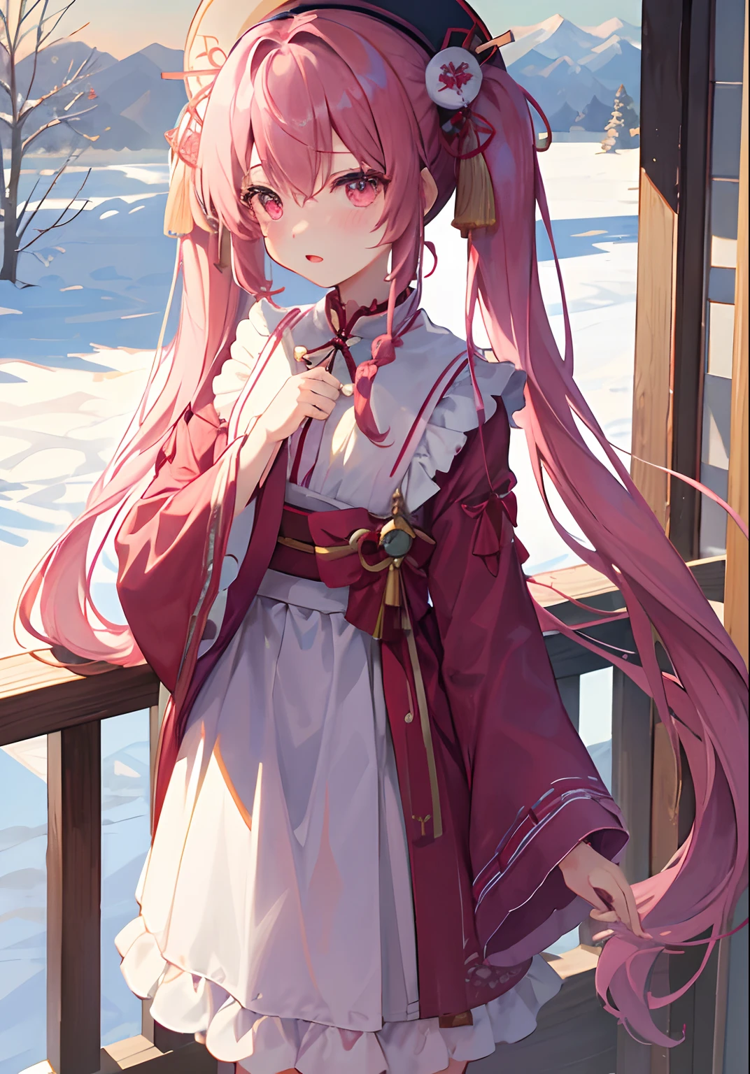 ((masterpiece、top-quality))、女の子 1 人、独奏、shrine maiden、hold ing、Skysky、clouds、Hats、outside of house、bangss、deadpan、red blush、A pink-haired、snow mountains、Pink eyes、Wearing a priestess costume、looking at viewert、Hairstyle is Twintails、Braided bangs、tiny chest、