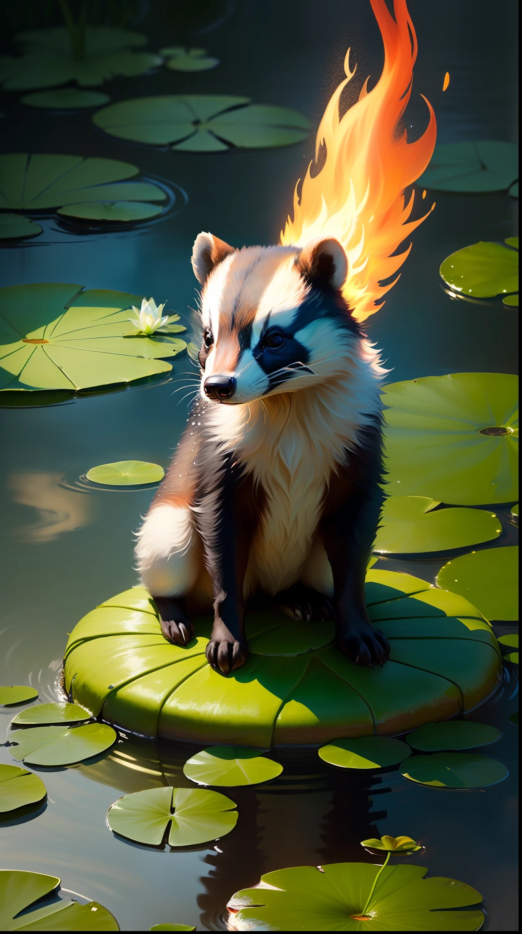 a badger on top of a lily pad with the water on fire