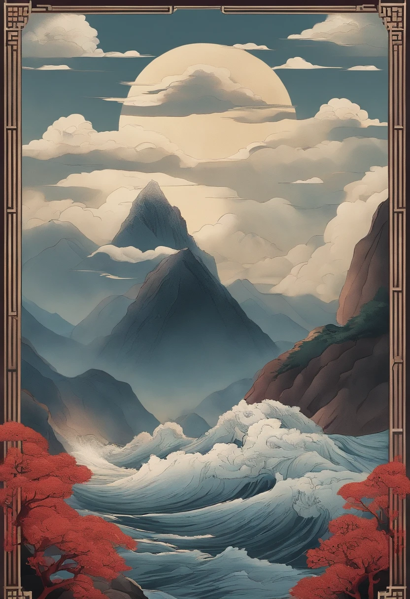 jujutsu kaisen characters stacked up like a marvel movie poster with background of Yamakawa，rios，Sun，Mountain and Sea Lark Scroll，Ancient mythology of the Mountain and Sea Sutra，mythological beasts，Epic composition，shadowing，National style
