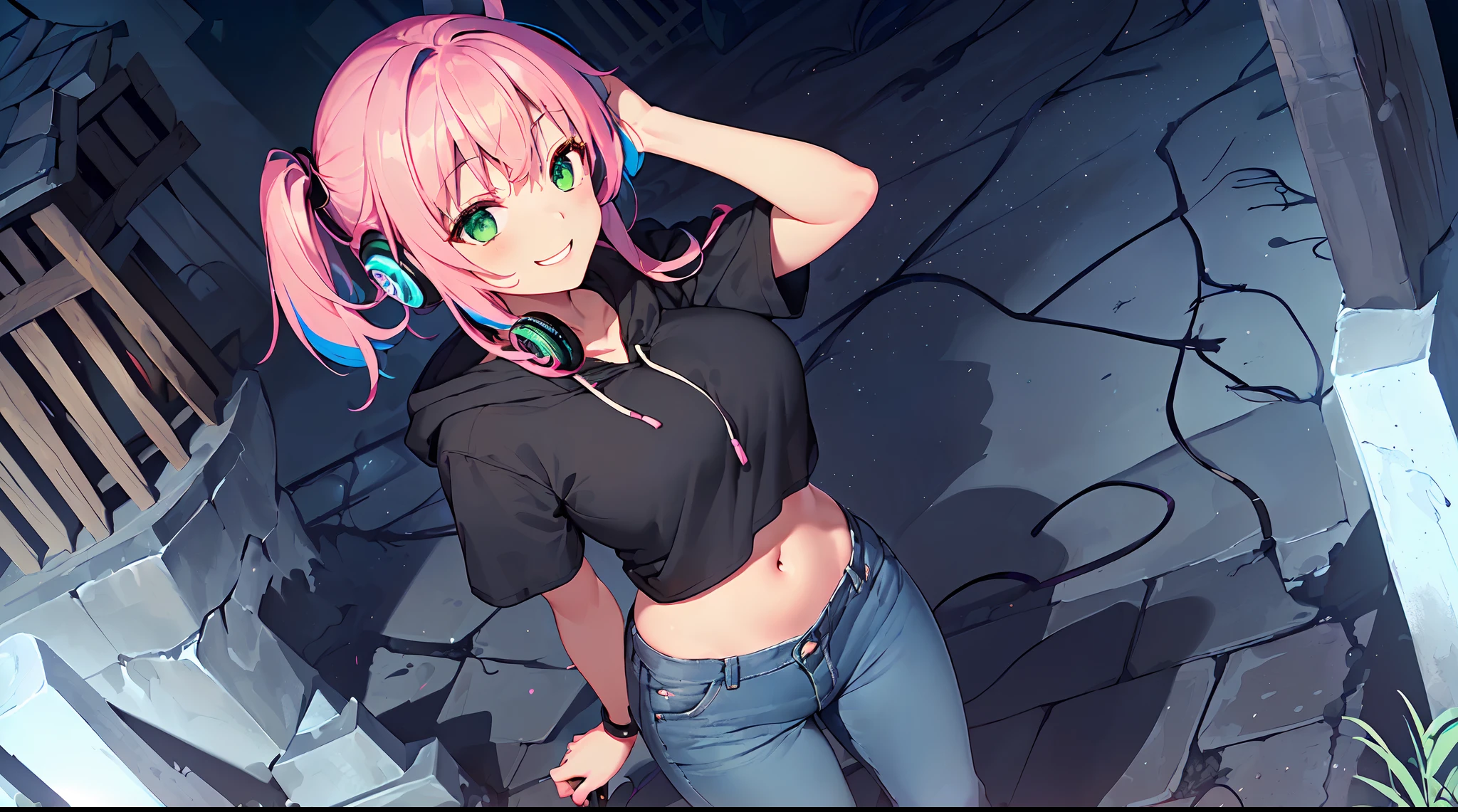 ​masterpiece, 1girl ((20year old, Black short sleeve hoodie exposes navel, tight blue jeans, medium breasts, multicolor pink hair, twin ponytails, green eyes, flirting, happy, big smile, looking up, headphones, standing in a graveyard at night, haunted houses, dark and spooky night atmosphere)), ((nighttime)) ((high camera angle, top view)