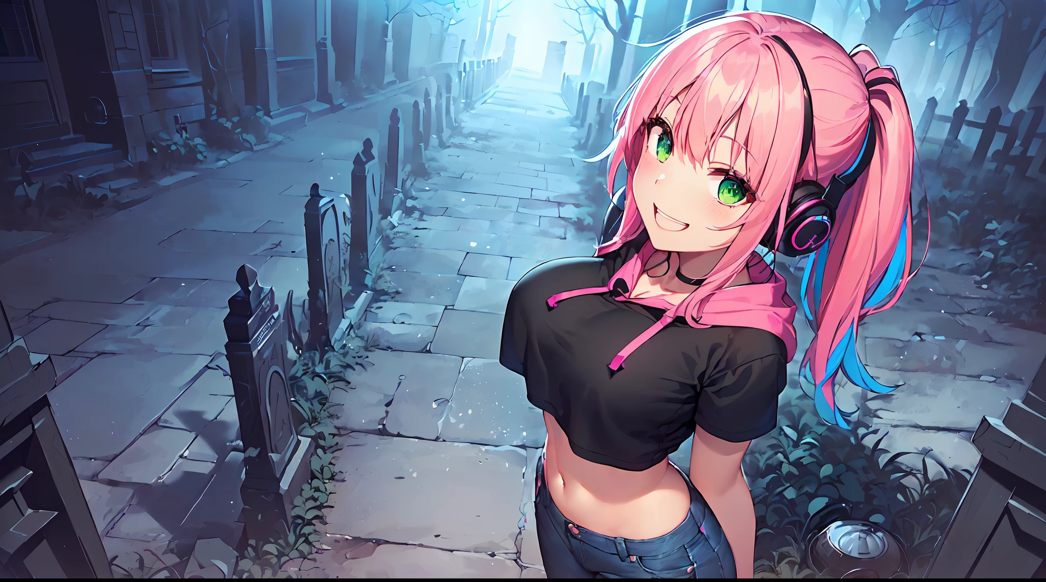 ​masterpiece, 1girl ((20year old, Black short sleeve hoodie exposes navel, tight blue jeans, , multicolor pink hair, twin ponytails, green eyes, , happy, big smile, looking up, headphones, standing in a graveyard at night, haunted houses, dark and spooky night atmosphere)), ((nighttime)) ((high camera angle, top view)