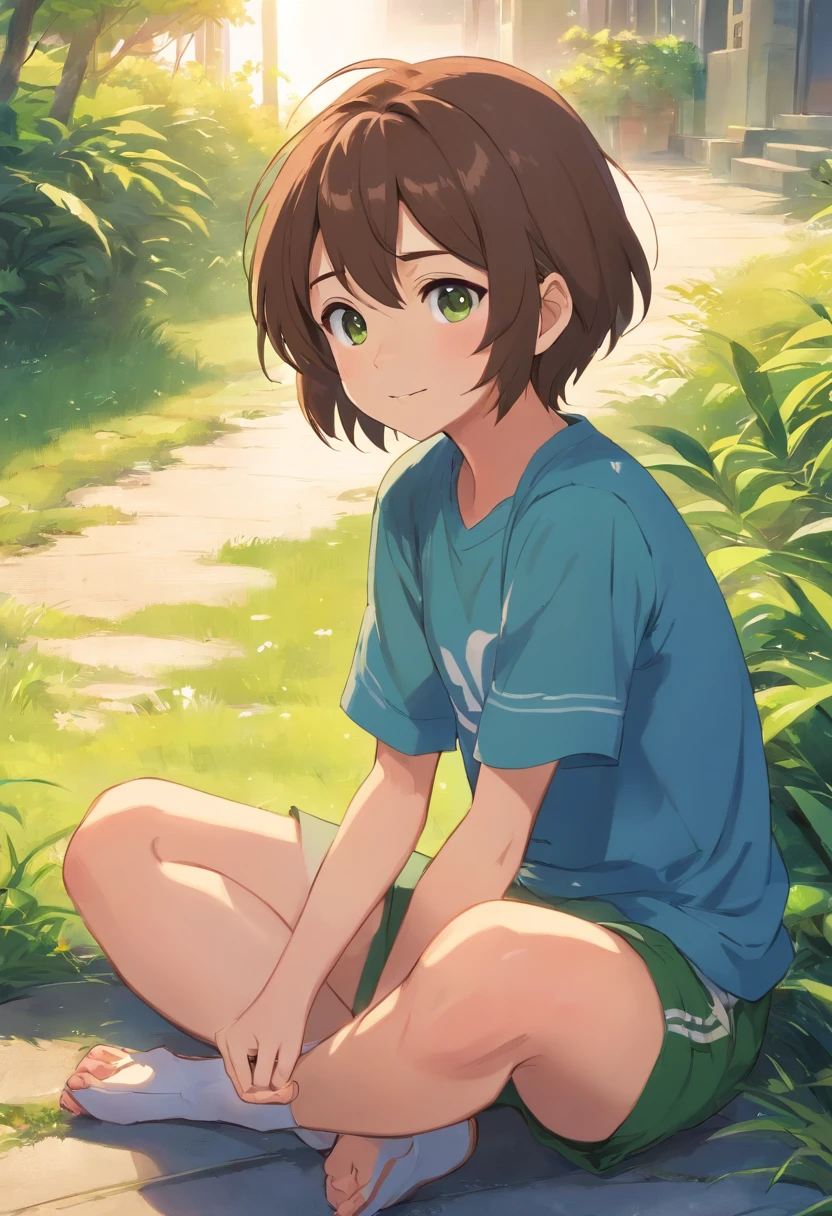 Description: Tom is a 6-year-old girl with short brown hair and big, curious brown eyes. She is wearing a blue T-shirt and green shorts.
Pose 1: Tom is standing, looking excitedly at something in the distance.
Pose 2: Tom is sitting on the ground, reading a book with a smile.
Pose 3: Tom is hugging his knees to his chest, looking a bit sad.
Pose 4: Tom is waving goodbye, his face filled with happiness.