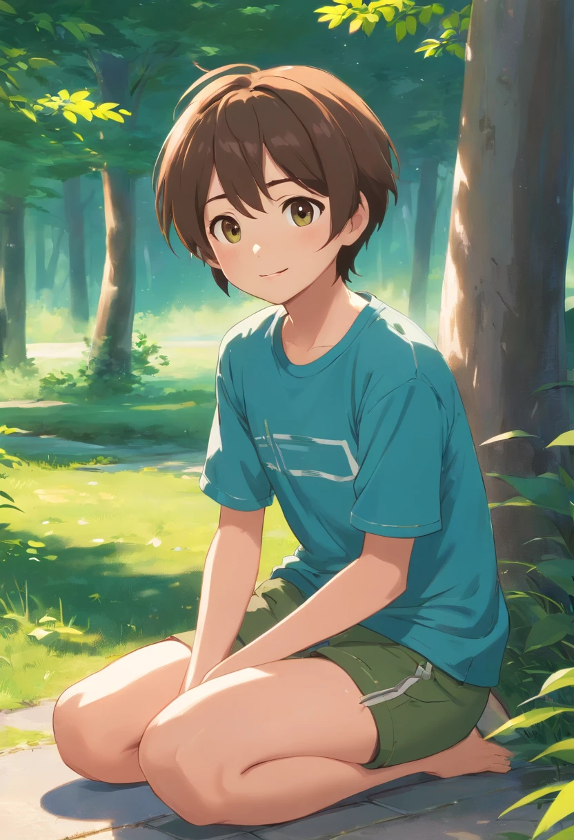 Description: Tom is a 6-****-*** girl with short brown hair and big, curious brown eyes. She is wearing a blue T-shirt and green shorts.
Pose 1: Tom is standing, looking excitedly at something in the distance.
Pose 2: Tom is sitting on the ground, reading a book with a smile.
Pose 3: Tom is hugging his knees to his chest, looking a bit sad.
Pose 4: Tom is waving goodbye, his face filled with happiness.