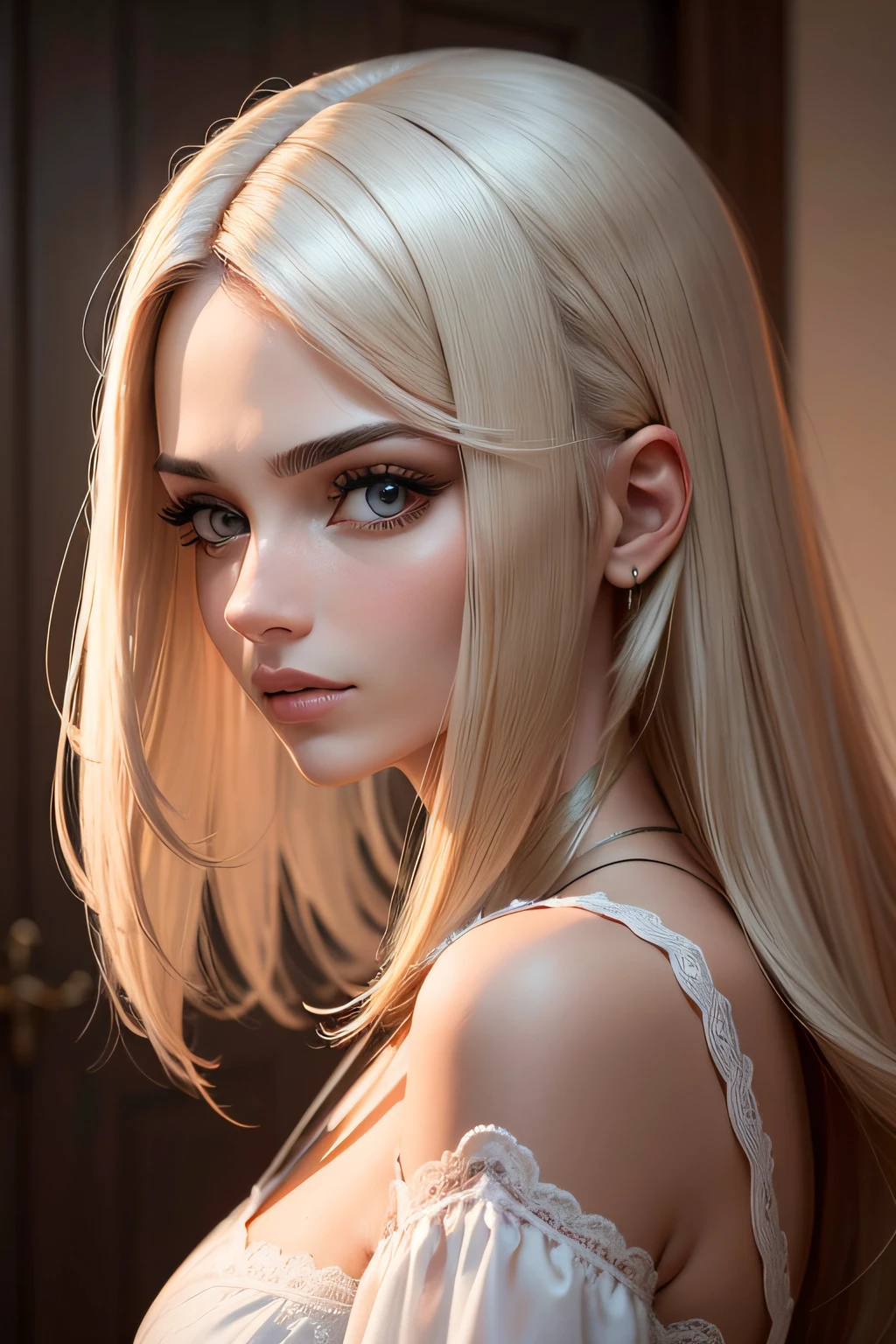 Crie um mulher de cabelos longos , olhos castanhos e cabelo ruivo
