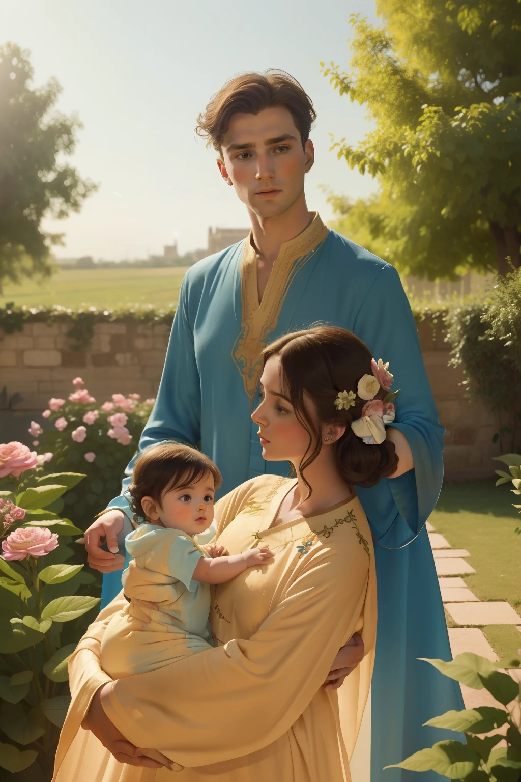Year: 11th century. Location: Ispahan. Pre-raphaelite scene with a 25-year-old english man, watching his 1--old le holding a baby bon the garden, love and tenderness, ((((11th century plain caftan)))) ((11th century hairstyle)), (((cinematic style)))