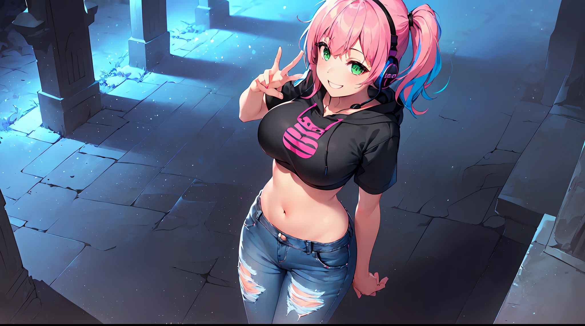 ​masterpiece, 1girl ((20year old, Black short sleeve hoodie exposes navel, tight blue jeans, medium breasts, multicolor pink hair, twin ponytails, green eyes, flirting, happy, big smile, looking up, headphones, standing in a graveyard at night, haunted houses, dark and spooky night atmosphere)), ((nighttime)) ((high camera angle, top view)