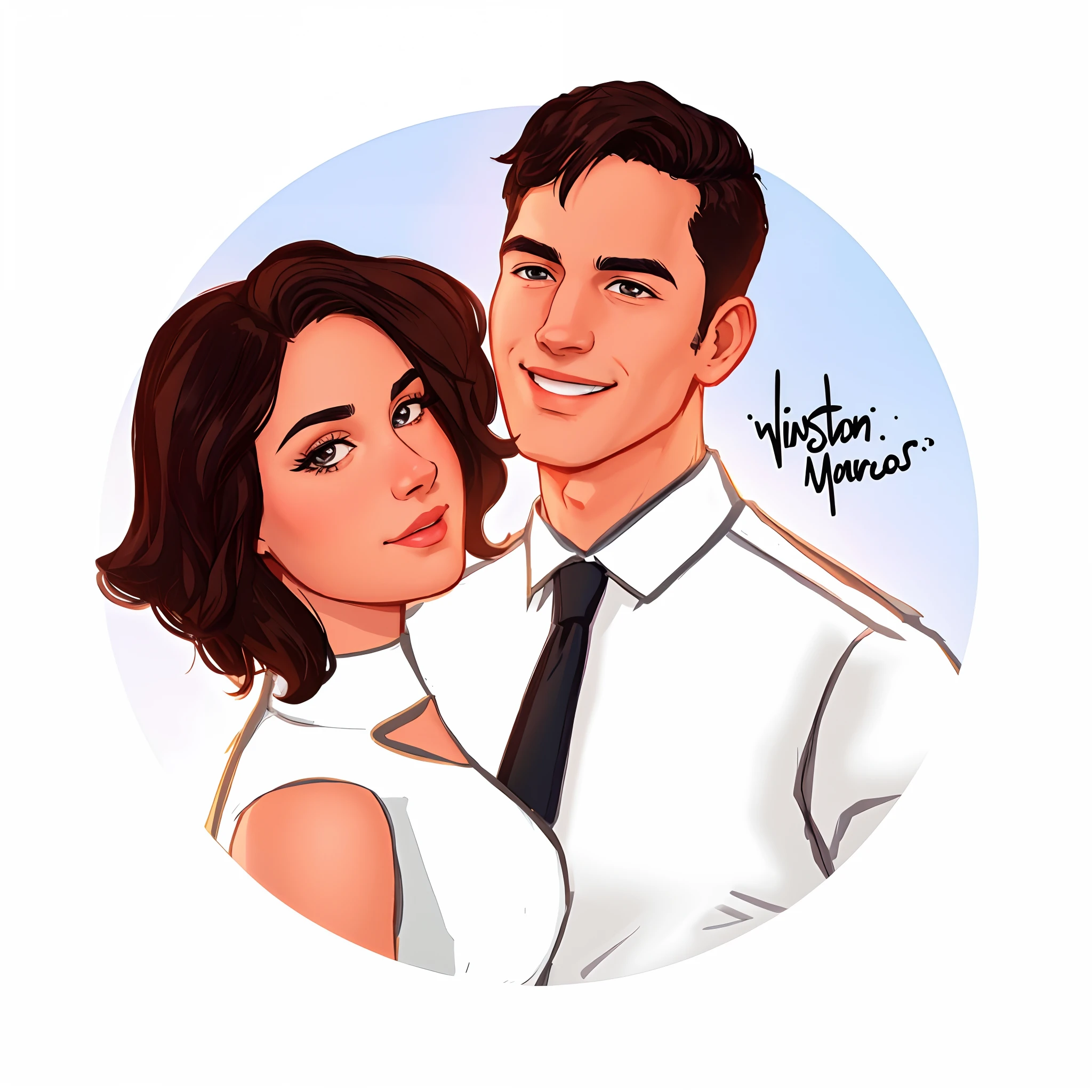 There is a cartoon of a man and a woman in a white shirt and tie, inspired by Glòria Muñoz, official fan art, fanart oficial, charicatura, Commission for High Res, arte dos desenhos animados, retrato de casais, Directed by: Marshall Arisman, retrato de casal, rob rey and kentarõ miura style, in cartoon style, commission art