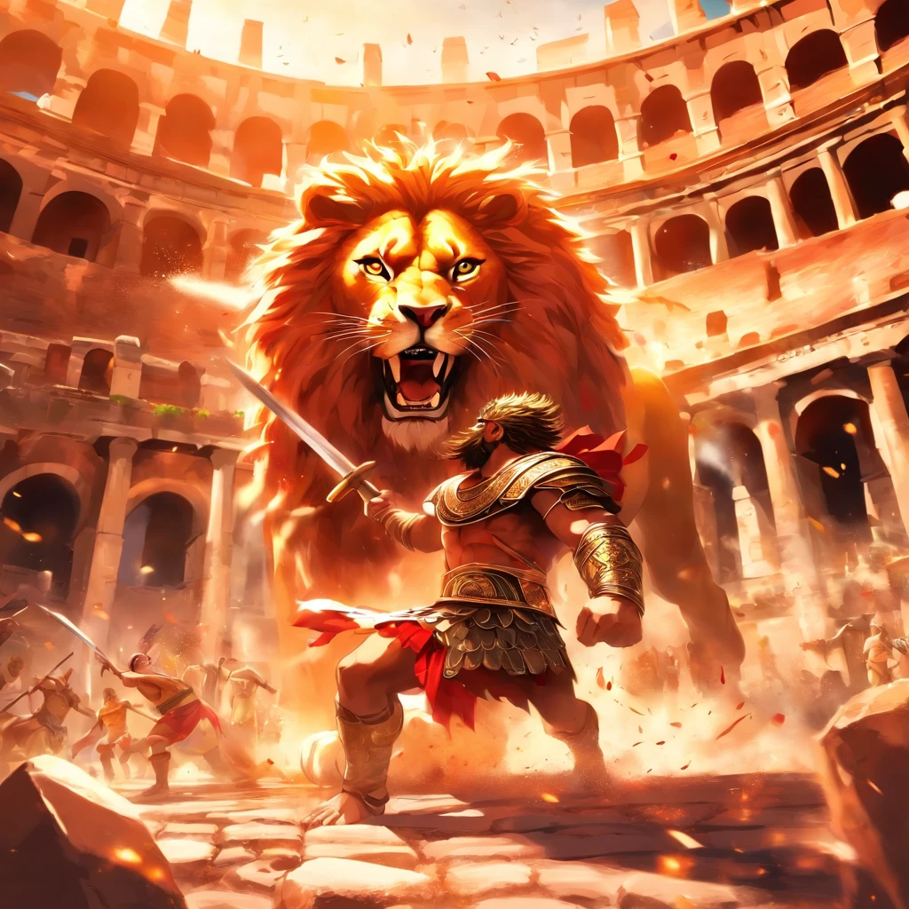 Roman slave fighting a lion in the colosseum