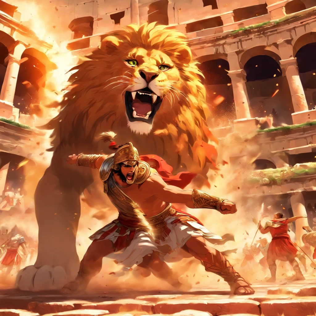 Roman slave fighting a lion in the colosseum