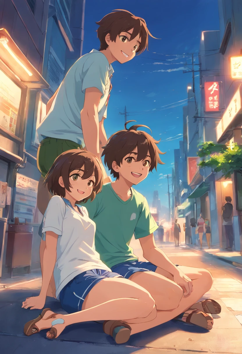 Description: Tom is a voluptuous 15-year-old girl with short brown hair and big, curious brown eyes. She is wearing a blue T-shirt and green shorts.
Pose 1: Tom is standing, looking excitedly at something in the distance.
Pose 2: Tom is sitting on the ground, reading a book with a smile.
Pose 3: Tom is hugging his knees to his chest, looking a bit sad.
Pose 4: Tom is waving goodbye, his face filled with happiness.