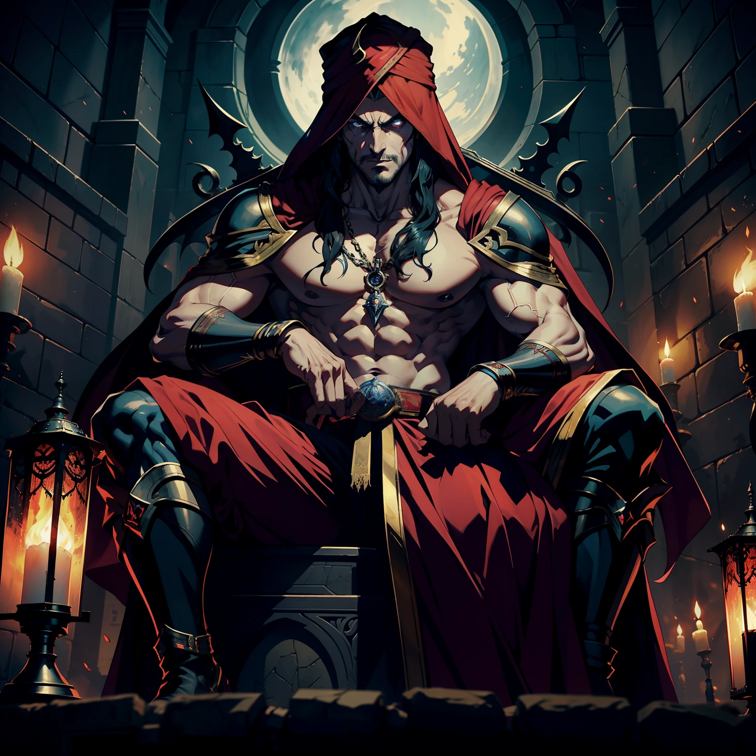 Castlevania Hyper Realistic Shadow Lord Super Detailed Dynamic Shot Master of Lord Dracula Medieval Arab Warrior with Red Turban Scary Face Hokuto No Ken Structure Muscular Face Kenshiro Sitting in His Great Legendary Moroccan Throne Surrounded by Demons and Demons Talking Scrolls Cinematic Scenes Epic Movie Hyper Realistic Movie Legendary Movie Epic Movie Epic Movie Epic Movie