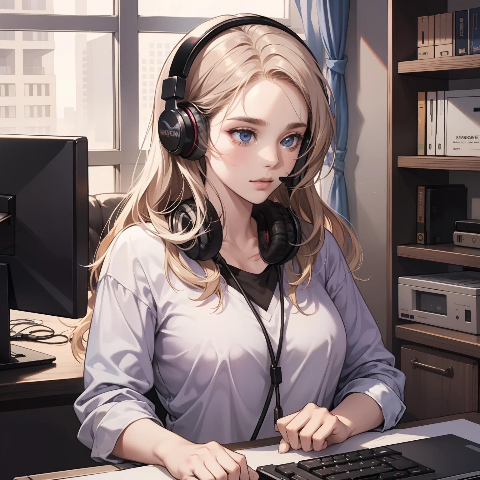 tmasterpiece,high high quality,Best quality at best,k hd,realisticlying,perfect litthing,Detailed body,1womanl,cabelos preto e longos,whitet-shirt,calm expression,with headphones on,Facing the computer monitor,Being in the room