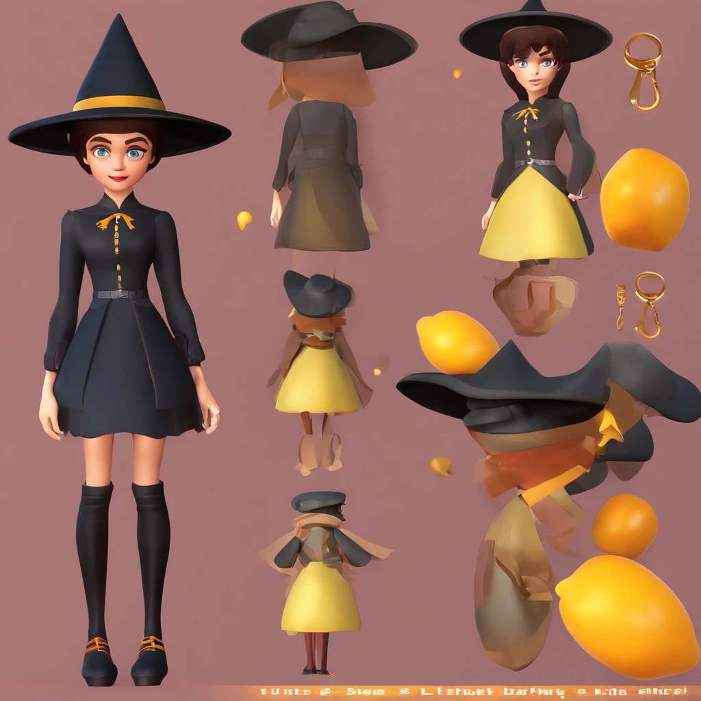 witch, children's book illustration style, cute, 6 years big eyes and a small mouth, long, very dark and straight hair. Light brown eyes. Black dress and black cape with details of yellow roses on the hem of the cape, as if they were embroidered, witch hat with a detail of a lilac mini belt on it