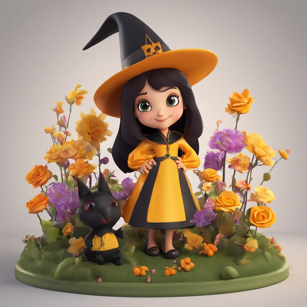 witch, children's book illustration style, cute, 6 years big eyes and a small mouth, long, very dark and straight hair. Light brown eyes. Black dress and black cape with details of yellow roses on the hem of the cape, as if they were embroidered, witch hat with a detail of a lilac mini belt on it