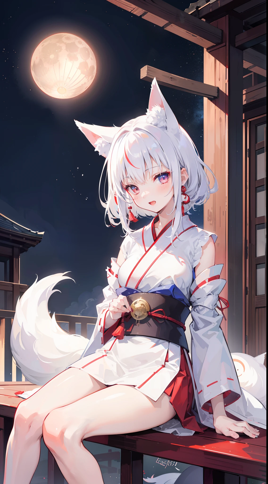 one girl, cute, shrine maiden, slender, beautiful, standing, face focus, (innocent), fox's ear, love me, white hair, sitting, happy, girl focus, smile, hands between legs, night, mysterious, neat, open mouth, kiss me, blush, look up at me, moon
