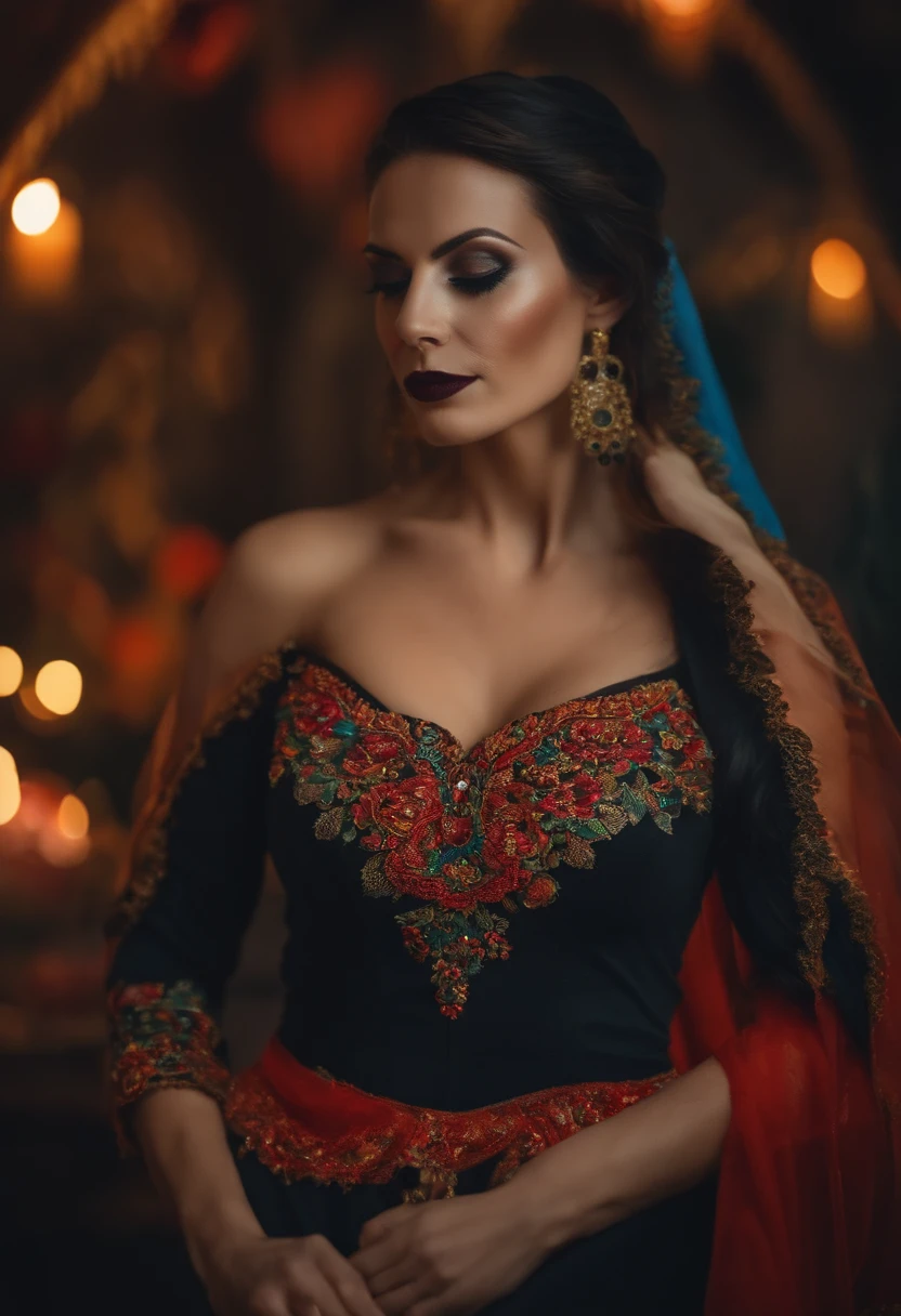 36-year-old beautiful Caucasian woman, vestida con atuendo de dia de muertos, grabando un video de tik tok , alta calidad, cuerpo completo, vista de frente