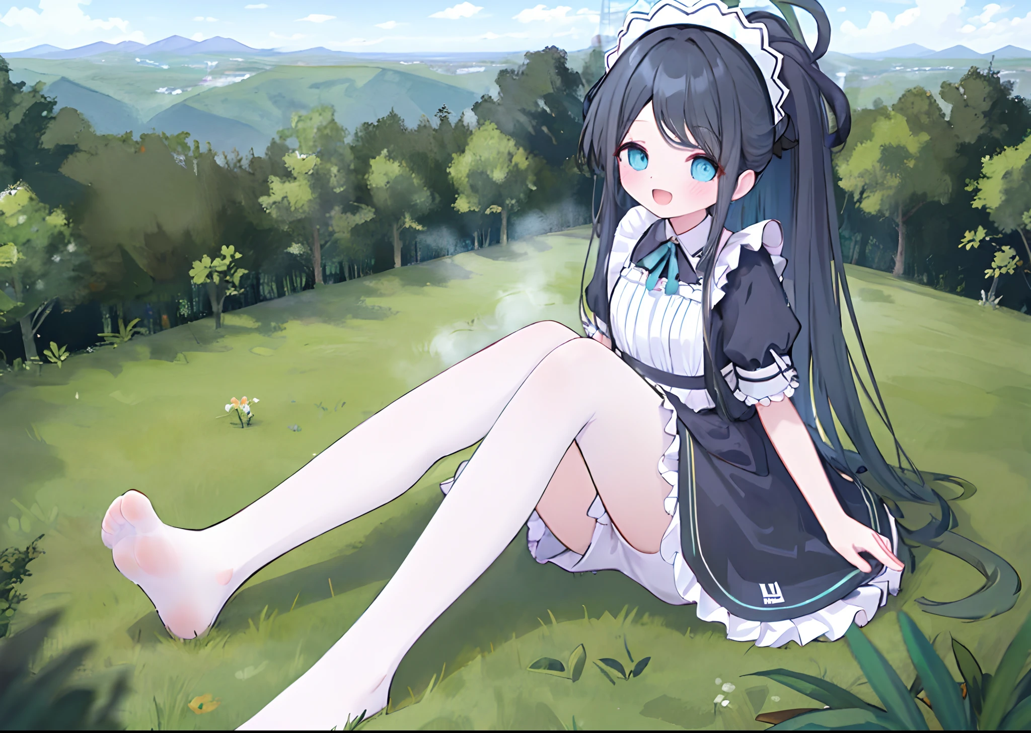 Girl,A giantess，Giantess，Clouds， ln the forest，mountain ranges，koyama， Masterpiece, Best quality, Highly detailed,Masterpiece,Best quality,offcial art,Extremely detailed Cg Unity 8K wallpaper，{{{Giantess}}}，Giant，1girll，Miniature village，without wearing shoes，smiling expression，Sitting in the forest ，The feet emit steam，best qualtiy:1.3),Cowboy shot,Skysky，Normal，high perspective，Girl，Those who don't wear shoes，No shoes， full bodyesbian, view the viewer, Medium breasts, Open mouth, Solo,