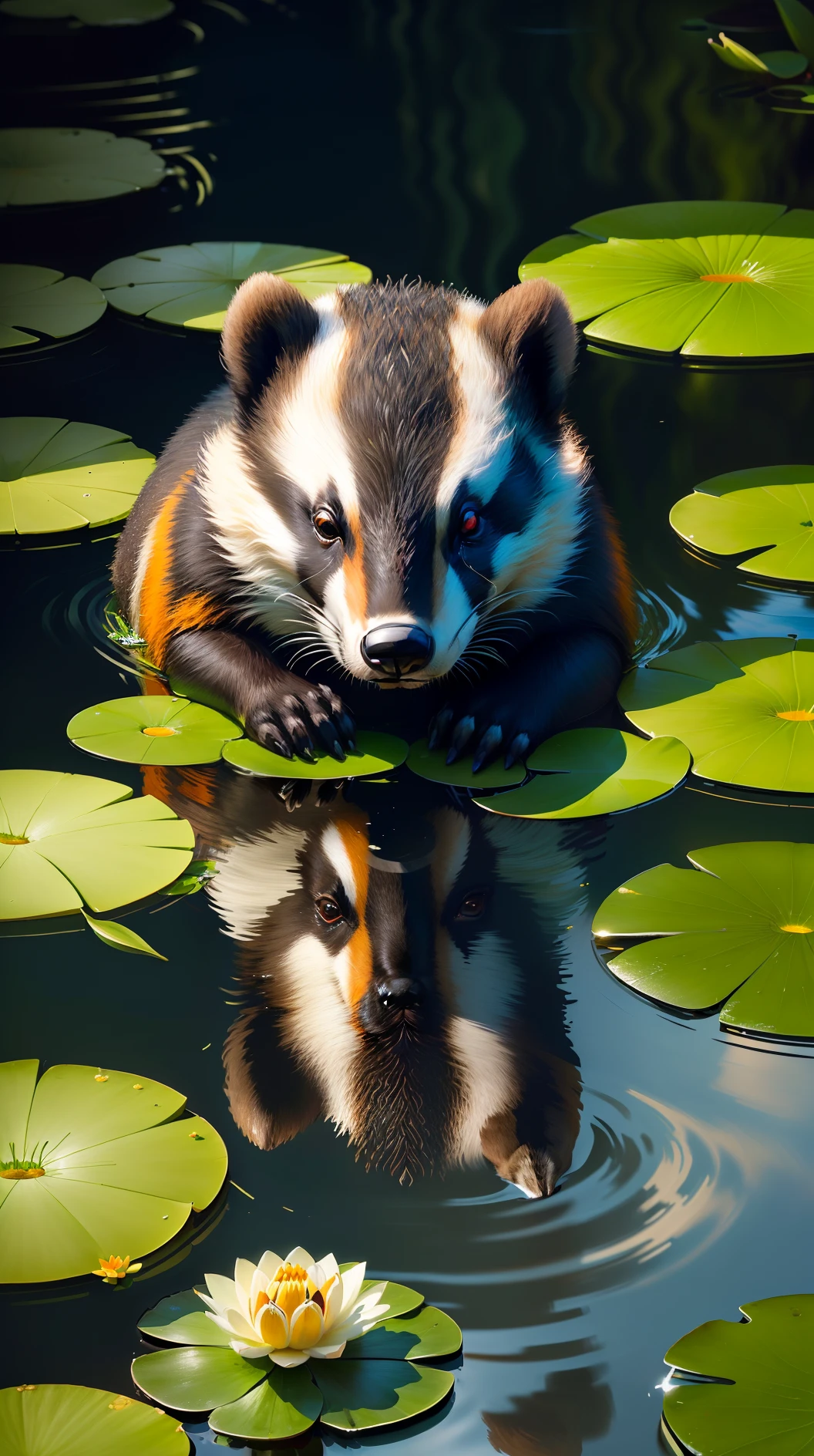 "A badger sitting on top of a lily pad, surrounded by fiery water, reflecting Morris Bart's face and logo"

(badger), (lily pad), (water:1.1, fire:1.1), [reflection], (Morris Bart's face), (logo)