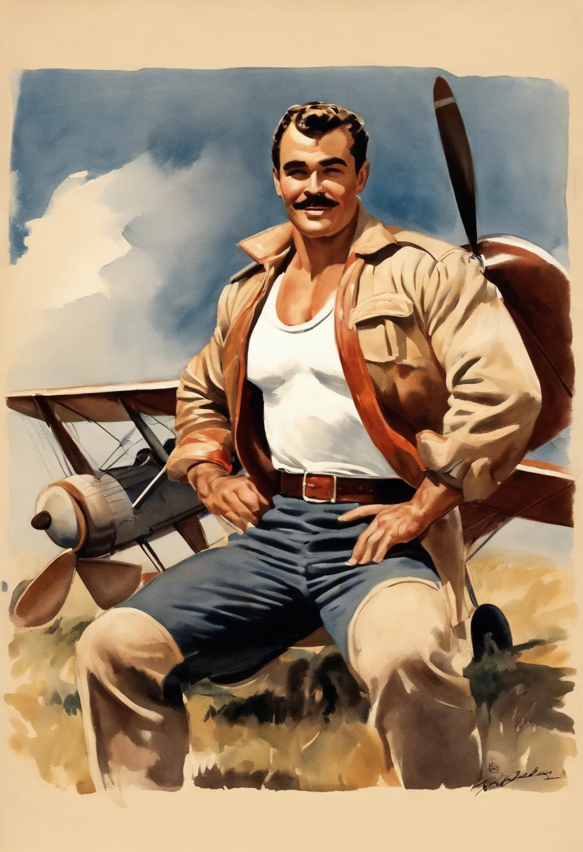 1950s Watercolor, Pen and Ink, 30 yo bodybuilder Burt Reynolds in retro fashion, pin-up style, full body shot, bulging hairy chest, polyester shorts, muscular legs, dynamic bodybuilding pose, depiction of rural life, light gray and light brown and red and white and blue, in the style of classical Americana, ww1 airplane, leather pilot helmet, mottled, playful roughness, dotted, cutout from white background, in the style of Andrew Loomis, masterpiece art work,