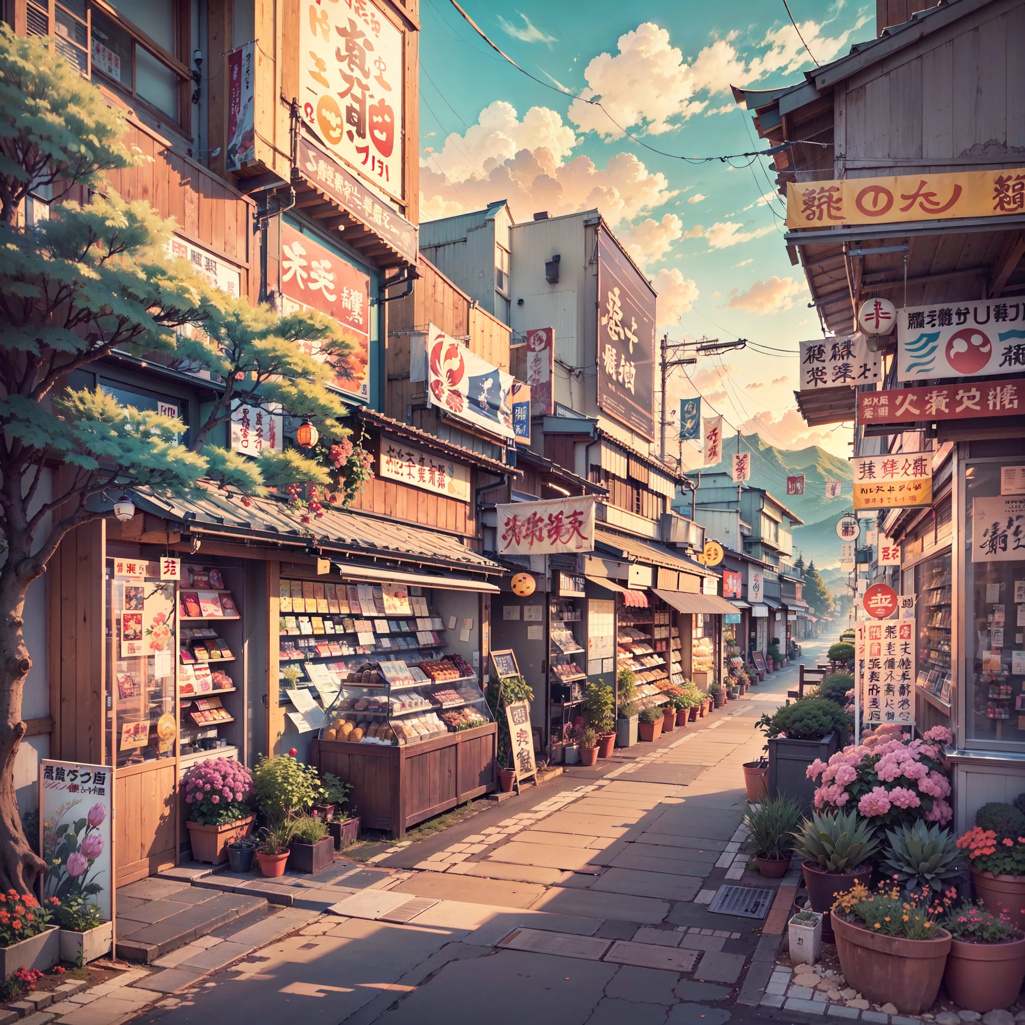 anime background, anime wallpaper, anime, anime style, lofi, lofi style, modern japanese street, mountains, uphill, modern japanese architecture, japanese convenience store, big retro japanese shop signs, retro japanese store, trees, plants, rocks, plant pots, shop signs, japanese banners, japanese signs, flags, sunrise, golden hour, golden lighting, empty street, no one in sight, (no one: 1), best quality