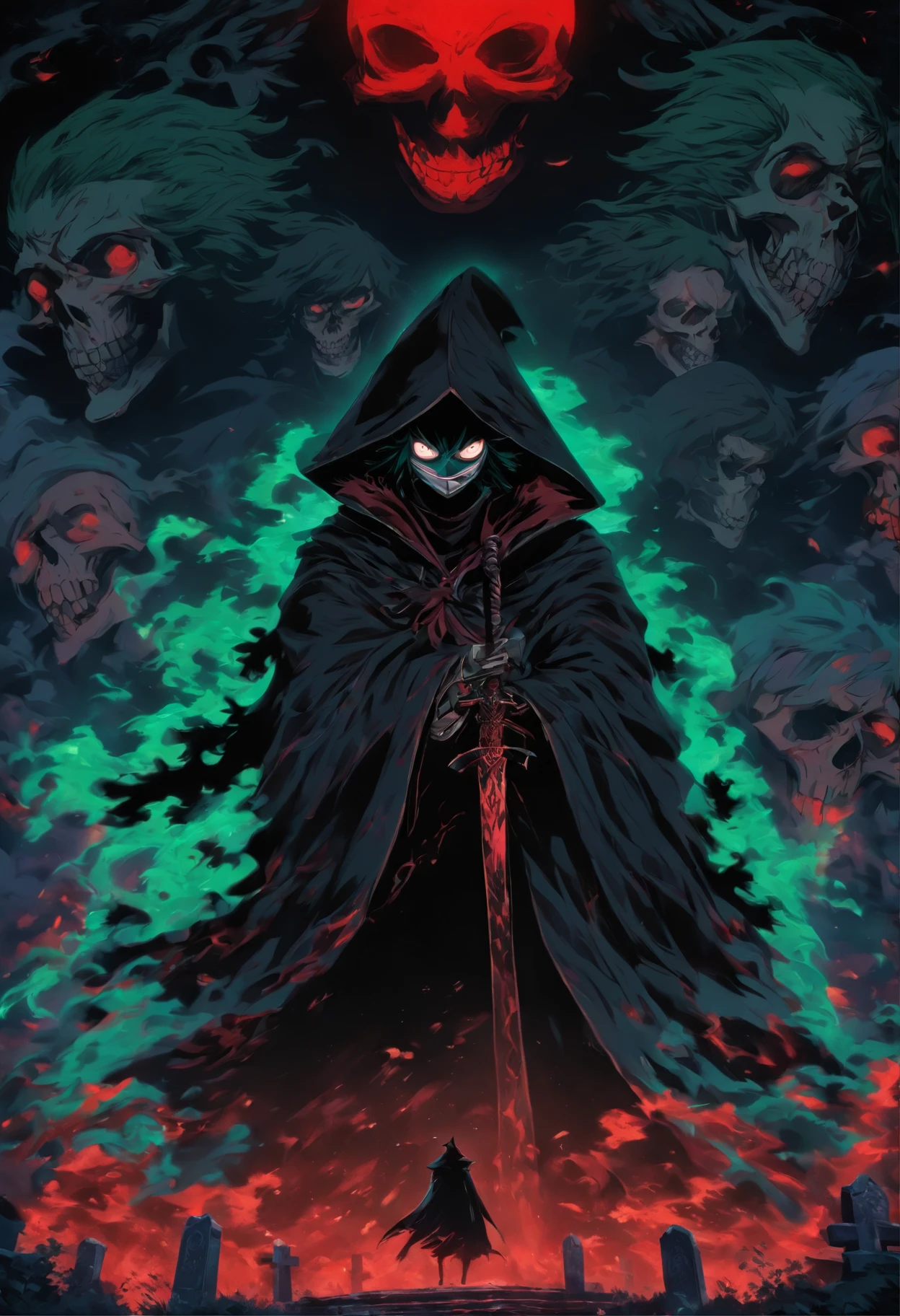 <lora:r1ge - AnimeRage:0.8> r1ge studio ghibli style full body shot, skeletal Shadowblade, dark robes, stealthy with glowing red lights in eye socket,
(masterpiece, best quality, high quality, highres, ultra-detailed), <lora:ghibli_style_offset:1> <lora:T2:0.75> skeleton