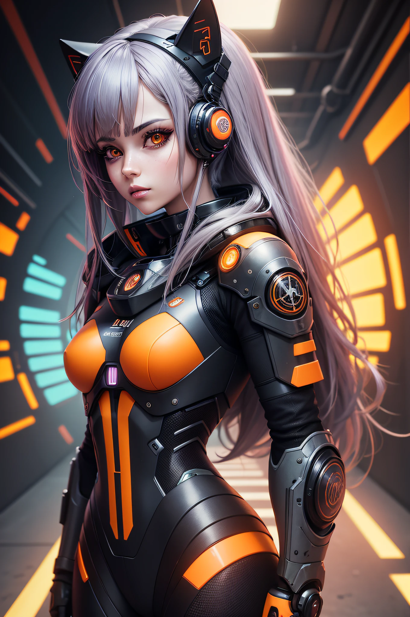 Full body internet girl with ponytail. Bright red indicates that she is an online girl. Clothes like Tomb Raider,But there are skirts. She also has blue eyes. The environment is similar to a terminator. Hair is black. Her face is illuminated by the bright red color on one side of the face. Like LEDs. And both hands also have LED lights.