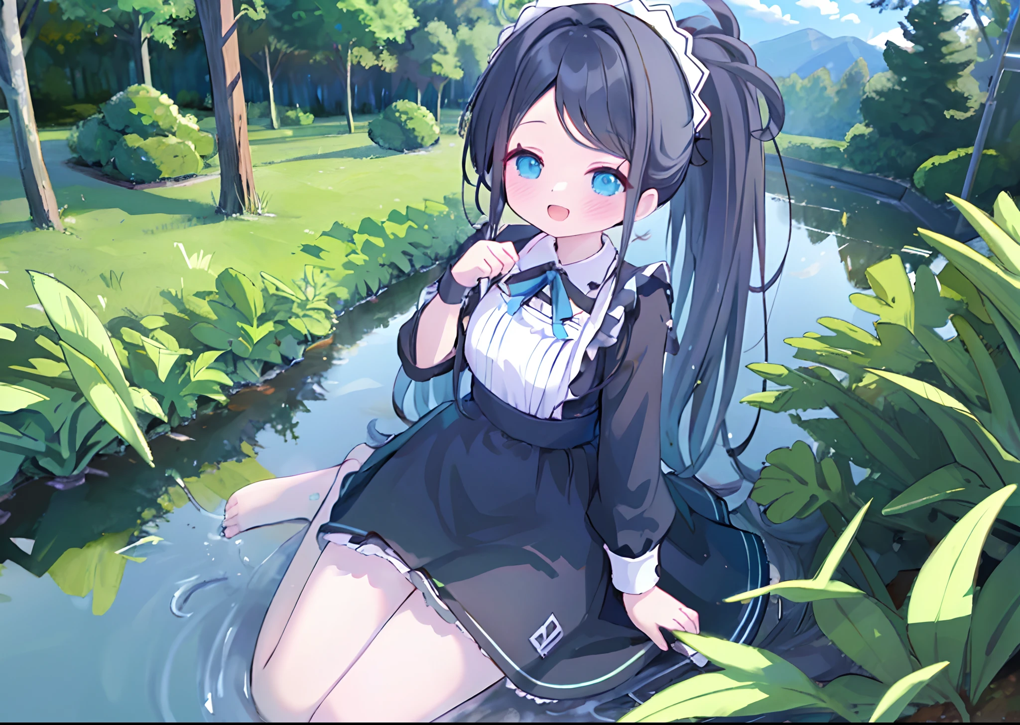 Girl,A giantess，Giantess，Clouds， ln the forest，mountain ranges，koyama， Masterpiece, Best quality, Highly detailed,Masterpiece,Best quality,offcial art,Extremely detailed Cg Unity 8K wallpaper，{{{Giantess}}}，Giant，1girll，Miniature village，without wearing shoes，smiling expression，Sitting in the forest ，The feet emit steam，best qualtiy:1.3),Cowboy shot,Skysky，Normal，high perspective，Girl，Those who don't wear shoes，No shoes， full bodyesbian, view the viewer, Medium breasts, Open mouth, Solo,