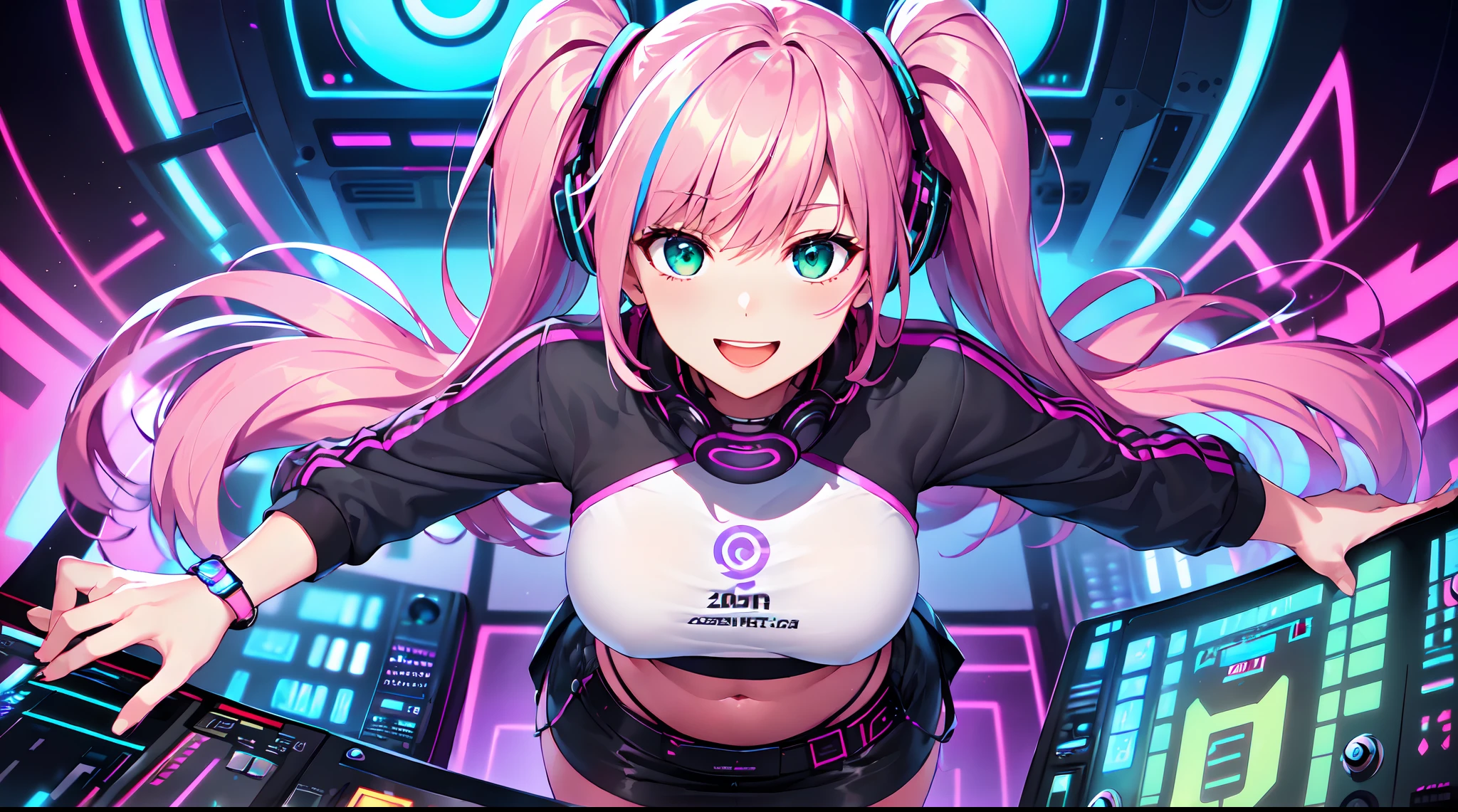 1girl, Heartsteel style, pink hair, medium hair in front, long hair back, (green clothes), (pink coat), cool headset, rounded glasses, hat with light wings, gamer, 8k, humanization, looking at viewer, smile, attitude, solo, masterpiece, fully dressed, full resolution, high definition, portrait, cute eyes, cheerful, dynamic posse, elite, half body, fun