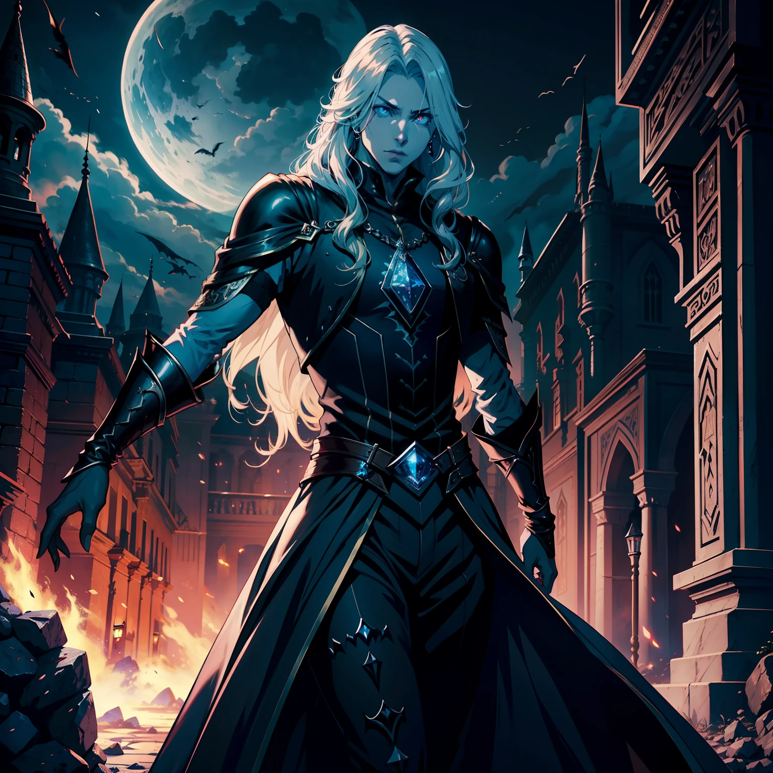 Castlevania Lord of the shadows hyper realistic super detailed Dynamic shot master piece scene cinématique scènes movie Epic Legendary Very Beautiful princesse glowing crystal eyes hyper realistic islamic Beautiful dress Moon behind moroccan environnement