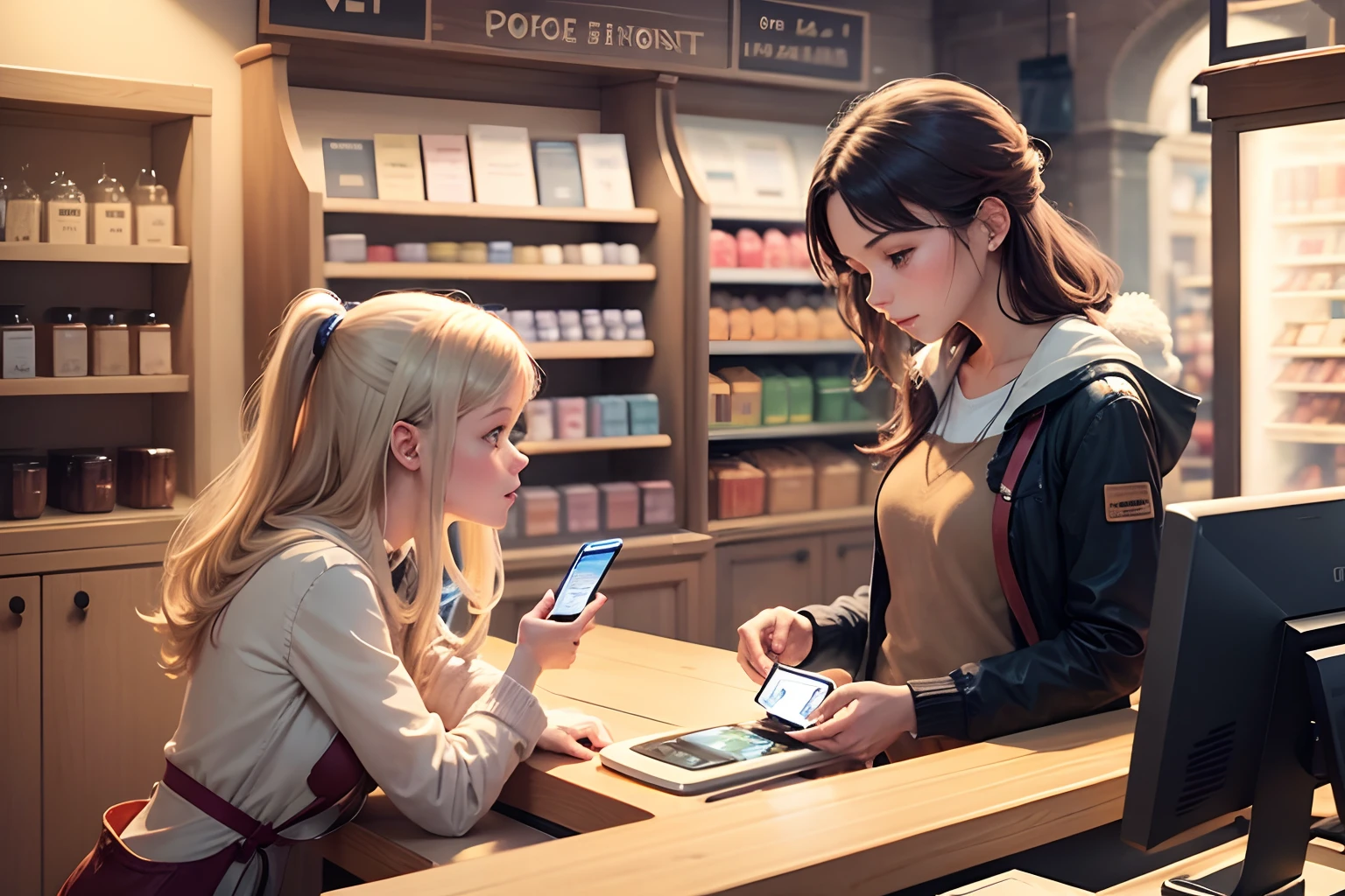 Illustration of two people in a shop using contactless payment