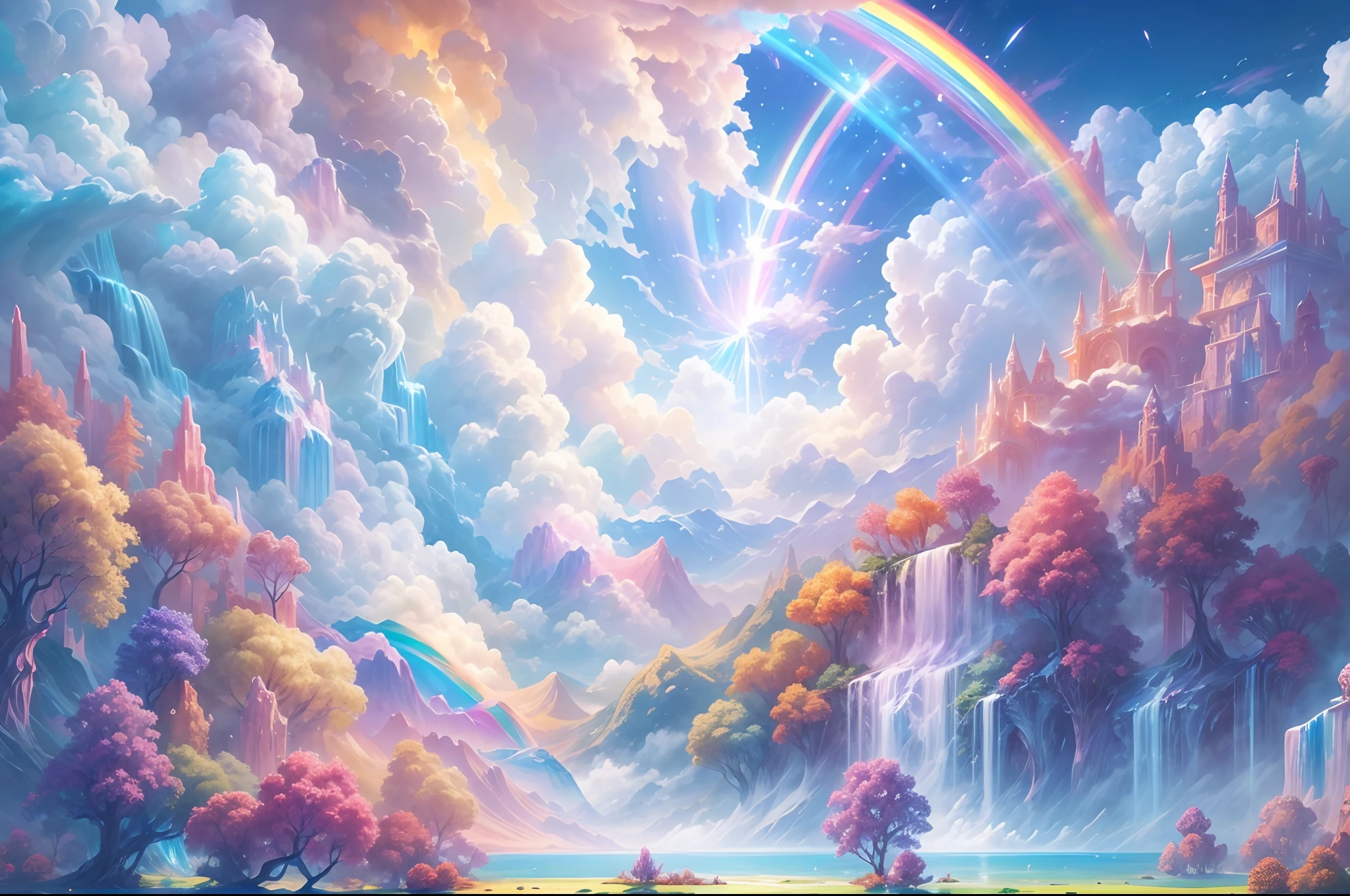 ((Need)), ((tmasterpiece)), (A detailed),rainbowing,Blue sky and white cloud background，Detail rainbow,Blue sky rainbow，ethereal rainbows，1 fairy，16k,UHD resolution，Simple composition，anatomy correct，Surreal dreams，Surrealist art fantasy style，Epic digital fantasy art style