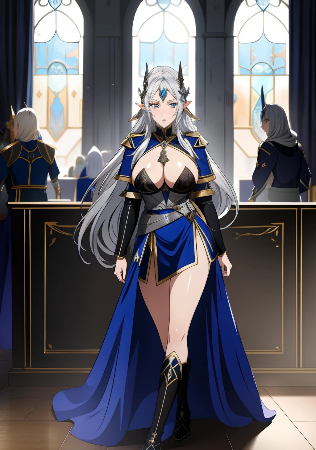 Blue gold Knight armor, knight helmet, skirt, huge tits, busty, silver hair, elf ears, cool face, beauty mark under eyes, blue eyes, long hair, intrincate details, detailed, masterpiece, best quality, 4K, HDR, royal hall, gothic building, full body,