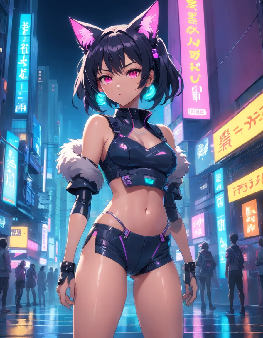 mujer, ojos verdes , en bikini , estililo cyber punk en la ciudad