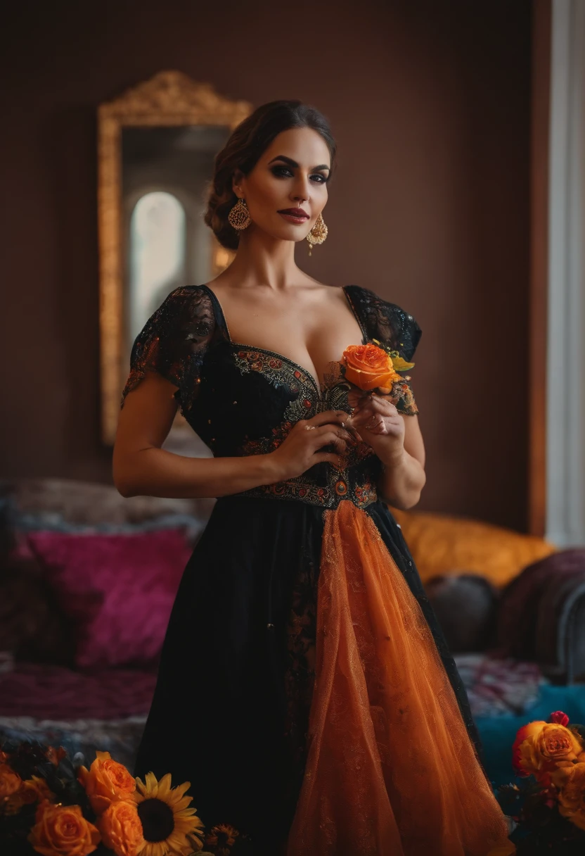 36-year-old beautiful Caucasian woman, vestida con atuendo de dia de muertos, grabando un video de tik tok , alta calidad, cuerpo completo, vista de frente,    ((selfie de cuerpo completo))