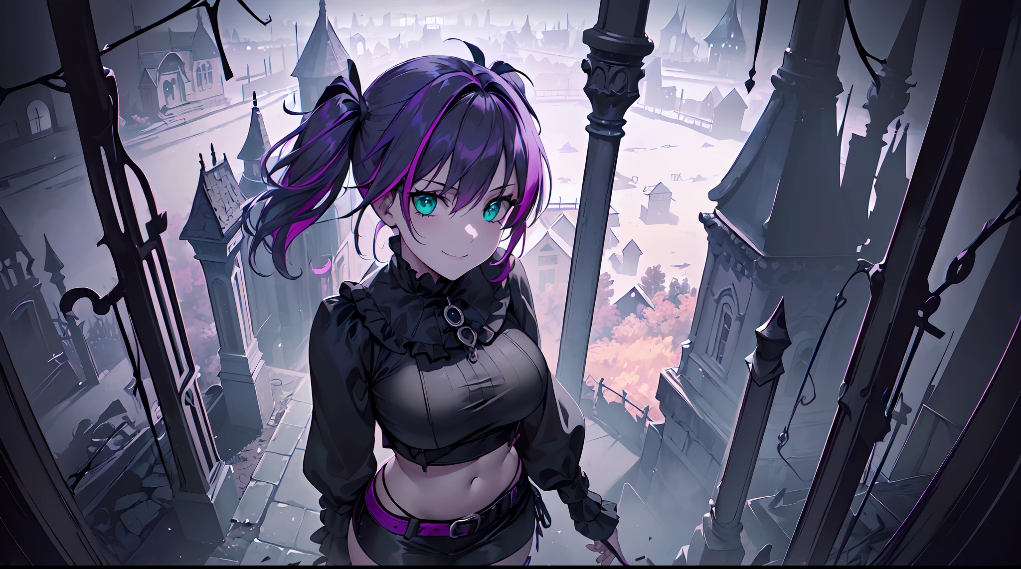 ​masterpiece, 1girl ((20year old, Witches Outfit, Black crop top shirt exposes navel, purple miniskirt, knee-high boots, thigh high socks, medium breasts, multicolor pink hair, twin ponytails, green eyes, flirting, happy, big smile, looking up, witches hat, standing in a graveyard at night, scary and abandoned old Victorian styles homes, dark and spooky night atmosphere)), ((nighttime)) ((high camera angle, top view))