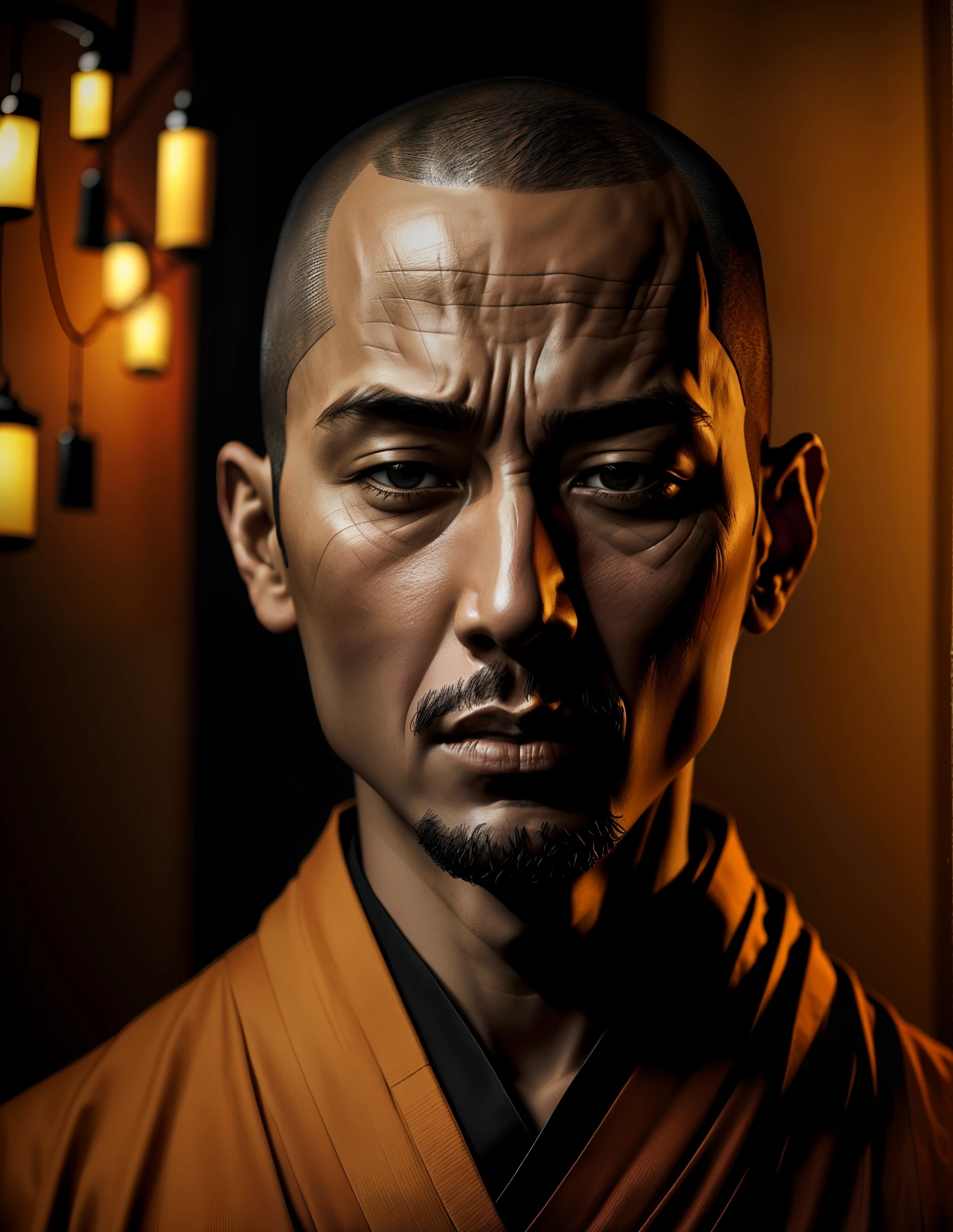 arafed man with a shaved head and a black shirt, portrait of monk, buddhist monk, portrait shot 8 k, 2 1 st century monk, monk, dramatic portraiture of uuen, portrait shot, front facing portrait of samurai, 50mm portrait, ancient japanese monk, samurai portrait photo, samurai portrait, dramatic portraiture of namenlos