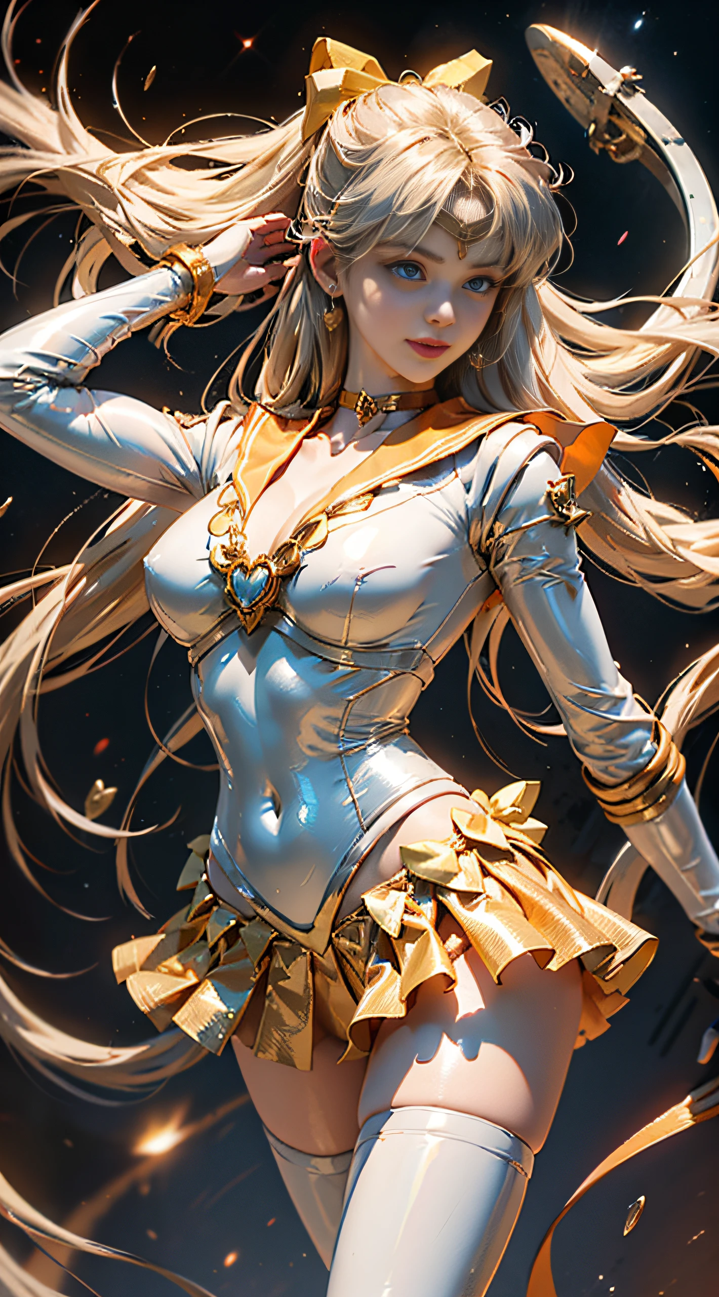 From below, full: 1.3, to stand, masutepiece, 。.3D, Realistic, Ultra-micro photo, of the highest quality, ultra-detailed CG unity 8k Wallpaper, Intricate details, (Female: 1 person), 28 years old, (NSFW),(( Luxurious large golden tiara on forehead:1.6, Dark orange color,Deep orange sailor color,Dark Orange Sexy Pleated Ultra Mini Skirt: 1.3,Pants are visible, dark orange gloves on the elbows,,,,,,,:1.1, very large dark blue bow in the center of the chest,,,,,,,: 1.6,,, very large red bow on the back of the head,,,,,:1.3)),(SV1, Sailor Senshi Uniform, Orange skirt, elbow groves, tiarra, Orange sailor collar, Red bow, orangechoker, White Gloves, Jewelry),Bare upper arms:1.4,naked legs,big butts,
, Incredibly long straight very bright blonde: 1.2, Beautiful straight long blonde hair shiny: 1.2, sailorvenus, Minako Aino,(Sailor Senshi uniform revealed, Bare upper arms: 1.5, Luxurious gold decoration: 1.2, Long white latex gloves with luxurious gold decoration: 1.3, very large yellow bow behind the waist,: 1.1, orangechoker, Cleavage looks sexily boldly big, Orange heart-shaped earrings)), Dynamic Golden Chain, Dynamic angles,((Fighting stance)),highly dramatic picture, SEXY Model Pose, 
((Seductive smile, Very pretty face, Face Details: 1.5, Very bright blue eyes, Beautiful face, beautidful eyes, Outline of the iris,thin lips: 1.3, thin and sharp pale eyebrows, long dark eyelashes, Double eyelashes)), Luxurious golden jewelry for the whole body, (Very thin and fitting high gloss silver-white holographic leather: 1.3), White Silver Ultra High Leg Cut Swimsuit, Huge white wings, thin and muscular muscles, Muscular abs, a small face, Huge breasts, Perfect proportions, thin waist, Visible Pore, Perfect hands: 1.5, Octane Rendering,  Strong natural light, Sunlight, exquisite lighting and shadow, DSLR Harp, Focus: 1.0, Maximum clarity and sharpness(Golden Divinity, Heartstorm Space Background, Golden Man: 1.2, Golden hair, Venus, Moonlight, Moon, dynamic background, Detail Background)),(mecha musume)