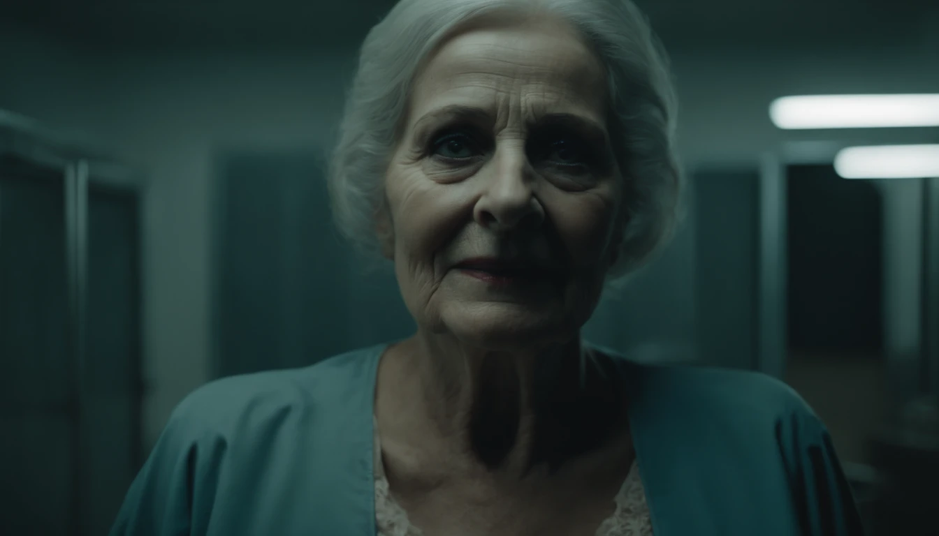 8k realistic image of an undead 60 year old woman standing in a morgue, with a sinister smile, horror film photography
