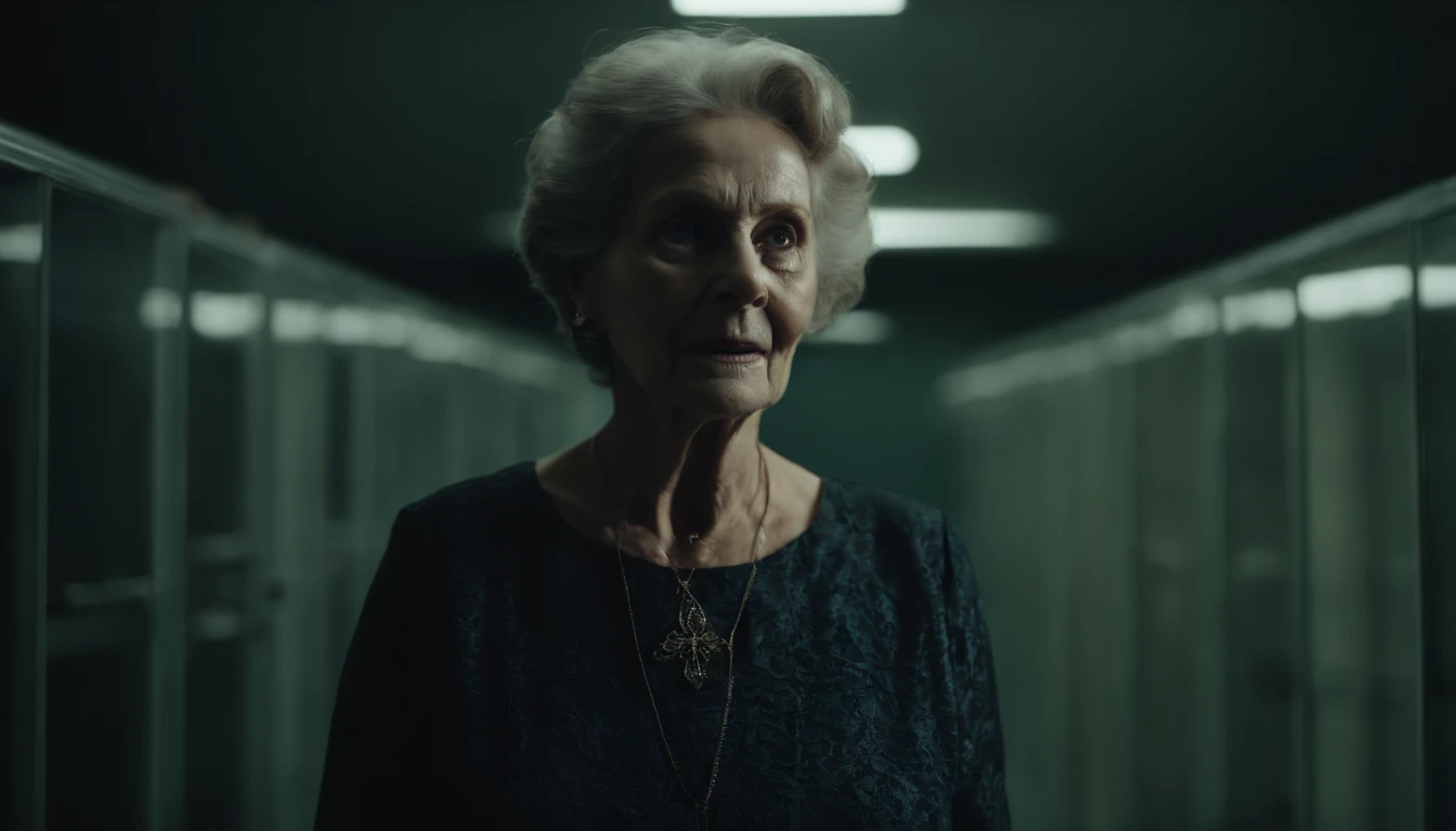 8k realistic image of an undead 60 year old woman standing in a morgue, with a sinister smile, horror film photography
