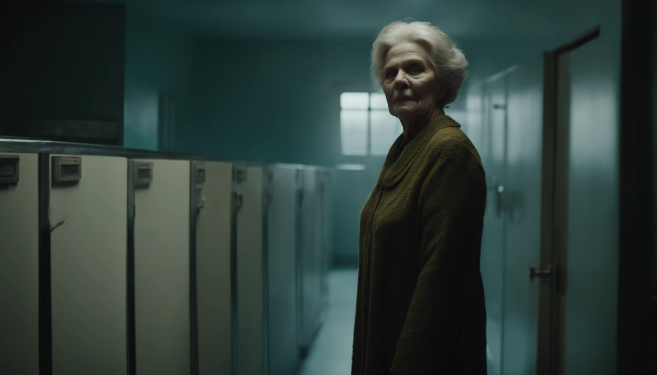 8k realistic image of an undead 60 year old woman standing in a morgue, with a sinister smile, horror film photography