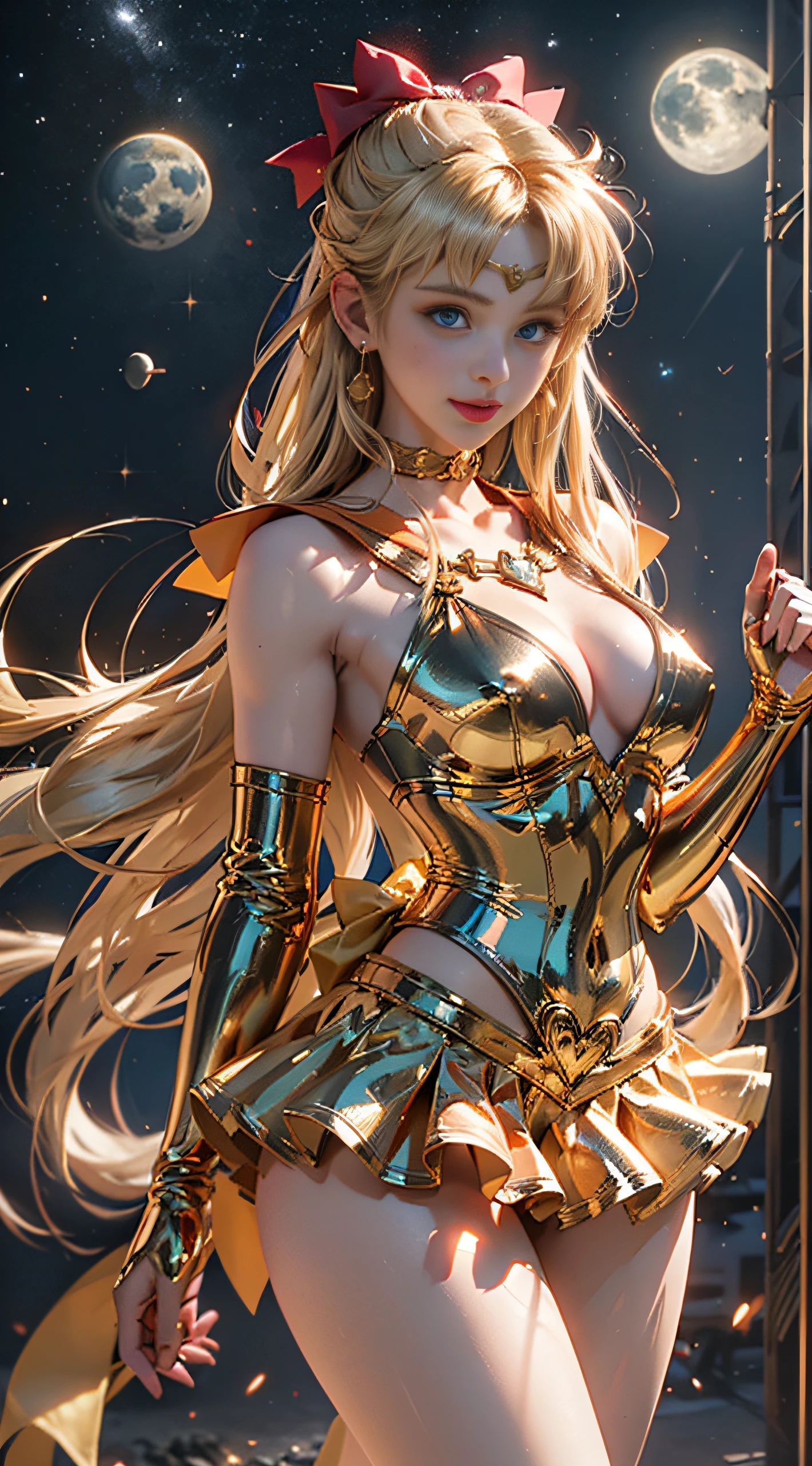 From below, full: 1.3, to stand, masutepiece, 3D, Realistic, Ultra-micro photo, of the highest quality, ultra-detailed CG unity 8k Wallpaper, Intricate details, (Female: 1 person), 28 years old, (NSFW),(( Luxurious large golden tiara on forehead:1.6, Dark orange color,Deep orange sailor color,Dark orange sexy pleated ultra mini skirt: 1.3,Pants are visible, dark orange gloves on the elbows,,,,,,:1.1, very large dark blue bow in the center of the chest,,,,,,: 1.6,,, very large red bow on the back of the head,,,,:1.3)),(SV1, Sailor Senshi Uniform, Orange skirt, elbow groves, tiarra, Orange sailor collar, Red bow, orangechoker, White Gloves, Jewelry),Bare upper arms:1.4,
, Incredibly long straight very bright blonde: 1.2, Shiny beautiful straight long blonde hair: 1.2, sailorvenus, Minako Aino,(Sailor Senshi uniform revealed, Bare upper arms: 1.5, Luxurious gold decoration: 1.2, Long white latex gloves with luxurious gold decoration: 1.3, very large yellow bow behind the waist,,,,,: 1.1, orangechoker, Cleavage looks sexily boldly big, Orange heart-shaped earrings)), Dynamic Golden Chain, Dynamic angles,((Fighting stance)),highly dramatic picture, 
((Seductive smile, Very pretty face, Face Details: 1.5, Very bright blue eyes, Beautiful face, beautidful eyes, Outline of the iris,thin lips: 1.3, thin and sharp pale eyebrows, long dark eyelashes, Double eyelashes)), Luxurious golden jewelry for the whole body, (Very thin and fitting high gloss silver-white holographic leather: 1.3), White Silver Ultra High Leg Cut Swimsuit, Huge white wings, thin and muscular muscles, Muscular abs, a small face, Huge breasts, Perfect proportions, thin waist, SEXY Model Pose, Visible Pore, Perfect hands: 1.5, Octane Rendering,  Strong natural light, Sunlight, exquisite lighting and shadow, DSLR Harp, Focus: 1.0, Maximum clarity and sharpness(Golden Divinity, Heartstorm Space Background, Golden Man: 1.2, Golden hair, Venus, Moonlight, Moon, dynamic background, Detail Background)),(mecha musume)