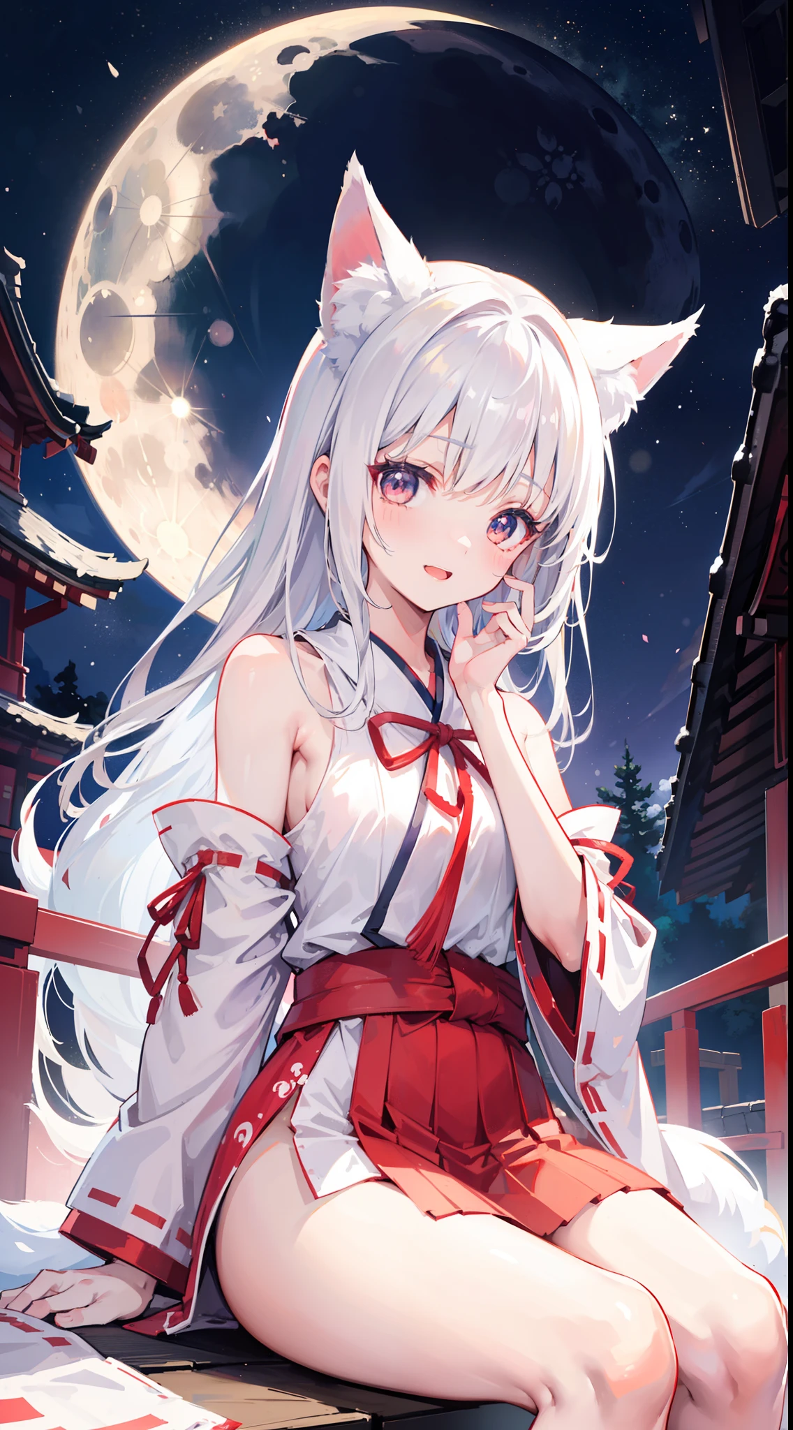 (tmasterpiece)、(top-quality)、(ultra - detailed)、(独奏)、Beautiful girl of 14 years old、small、silber hair、Krims、The white, golden, plata, Light blue and red kimono、Shoulders bare、Emphasize cleavage、Thighs exposed、Landscape and cherry blossoms、Moon Night、Composition looking up from your feet,fully body photo