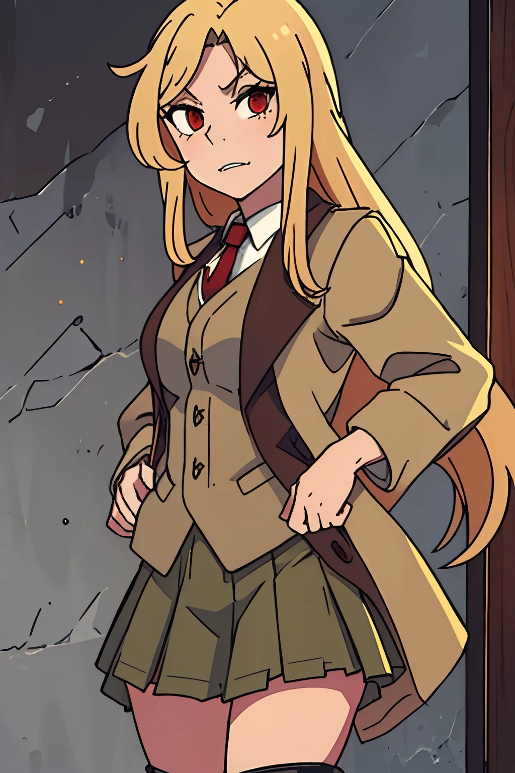 long blonde hair, thigh length hair, brown longcoat, green vest, open vest, medium breasts, solo female, vampire, red eyes, fangs, plaid skirt, pleated skirt, combat boots