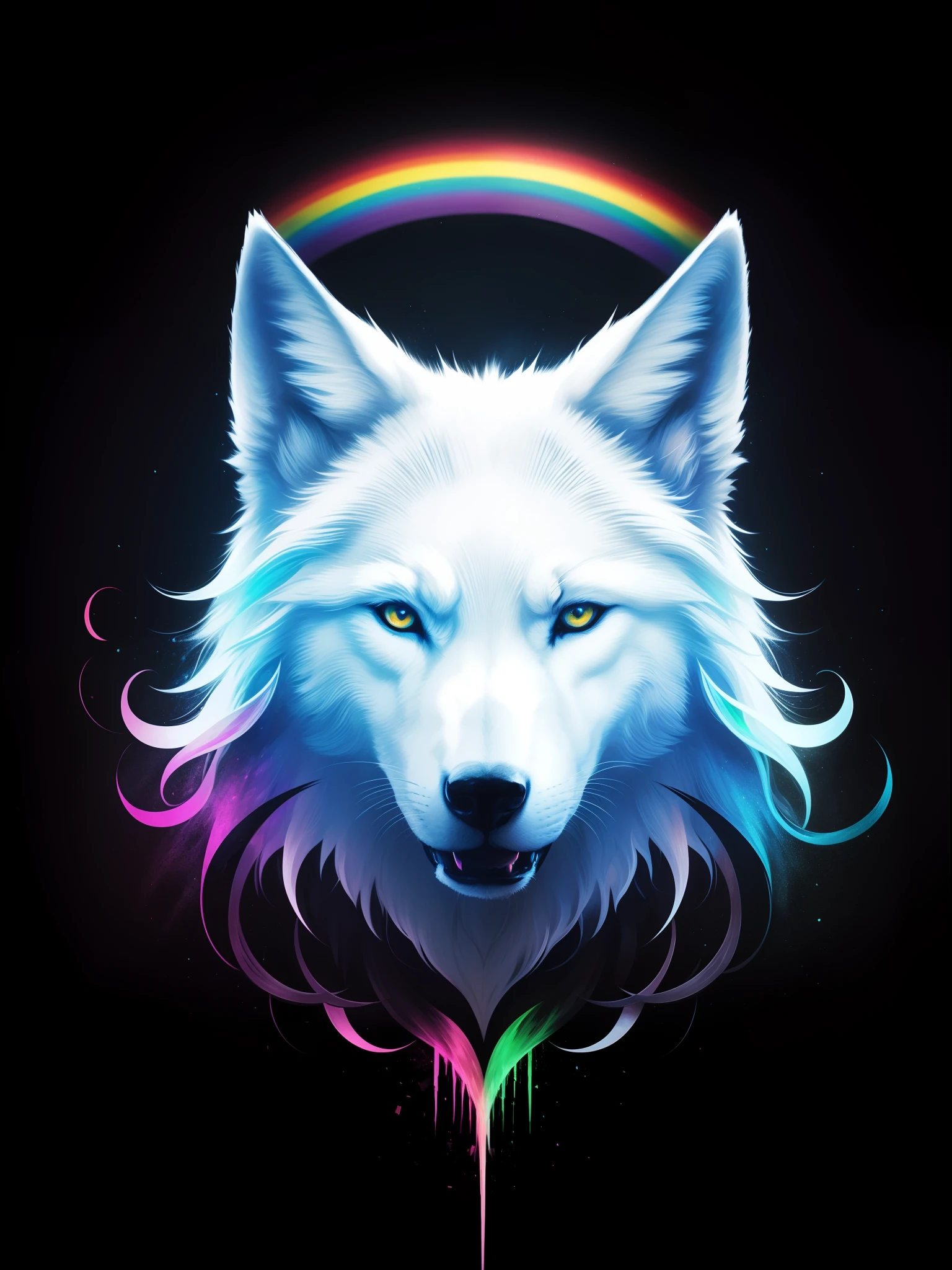White wolf head painting on black background,The rainbow surrounds the wolf's head to form different structures, breath-taking rendering, Magical rainbow elements,Splendid round rainbow composition,circular composition,Solo